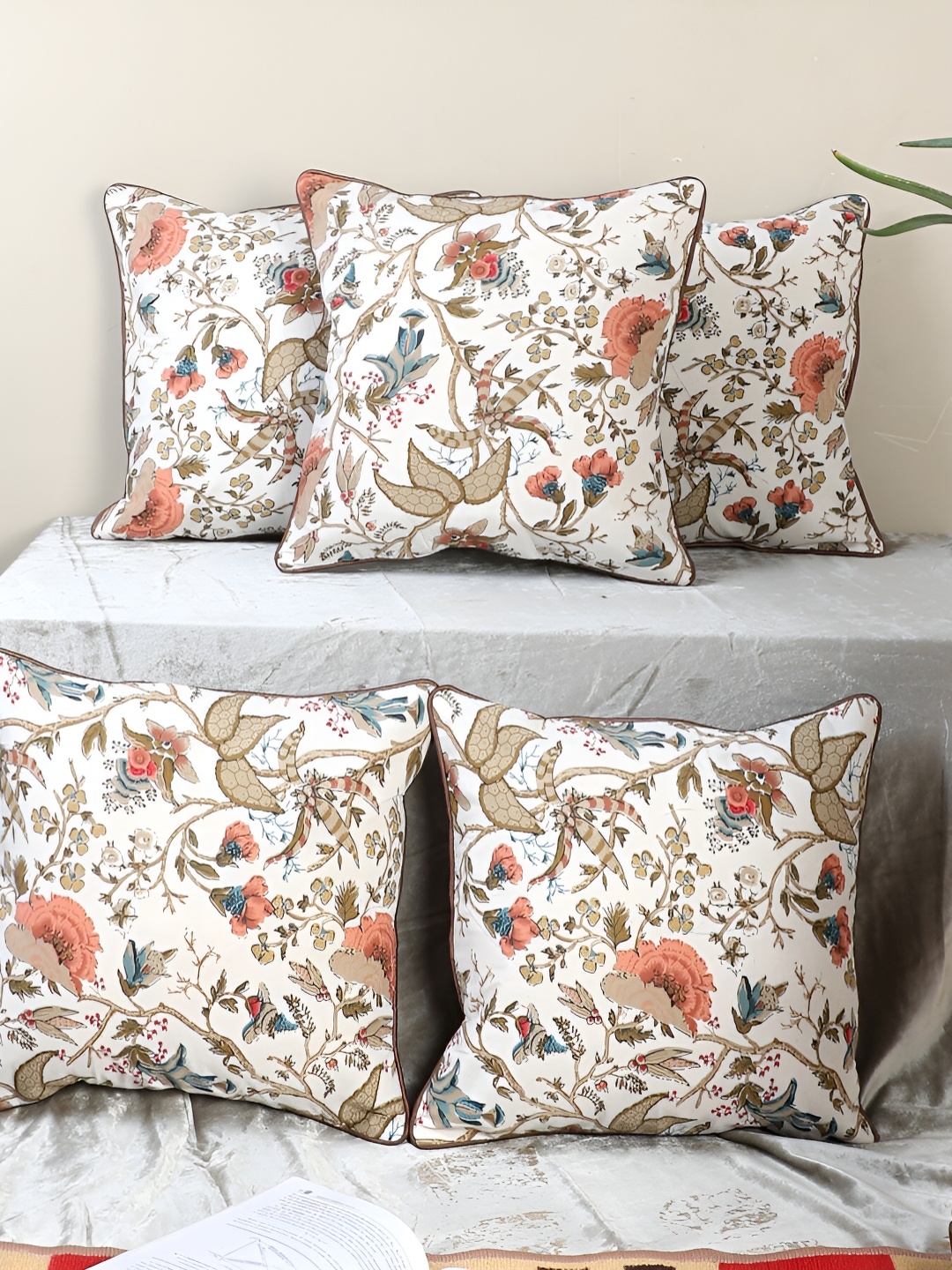 

MFD HOME FURNISHING Orange & Off White 5 Pieces Floral Square Cushion Covers