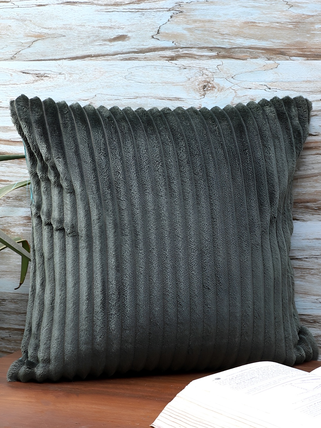 

MFD HOME FURNISHING Green Striped Velvet Square Cushion Cover