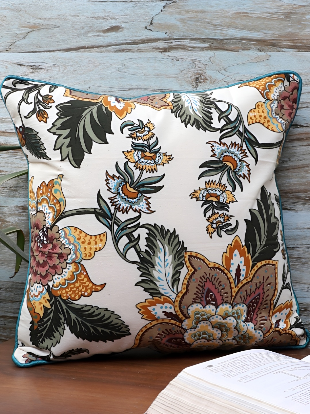 

MFD HOME FURNISHING White & Brown Floral Square Cushion Cover