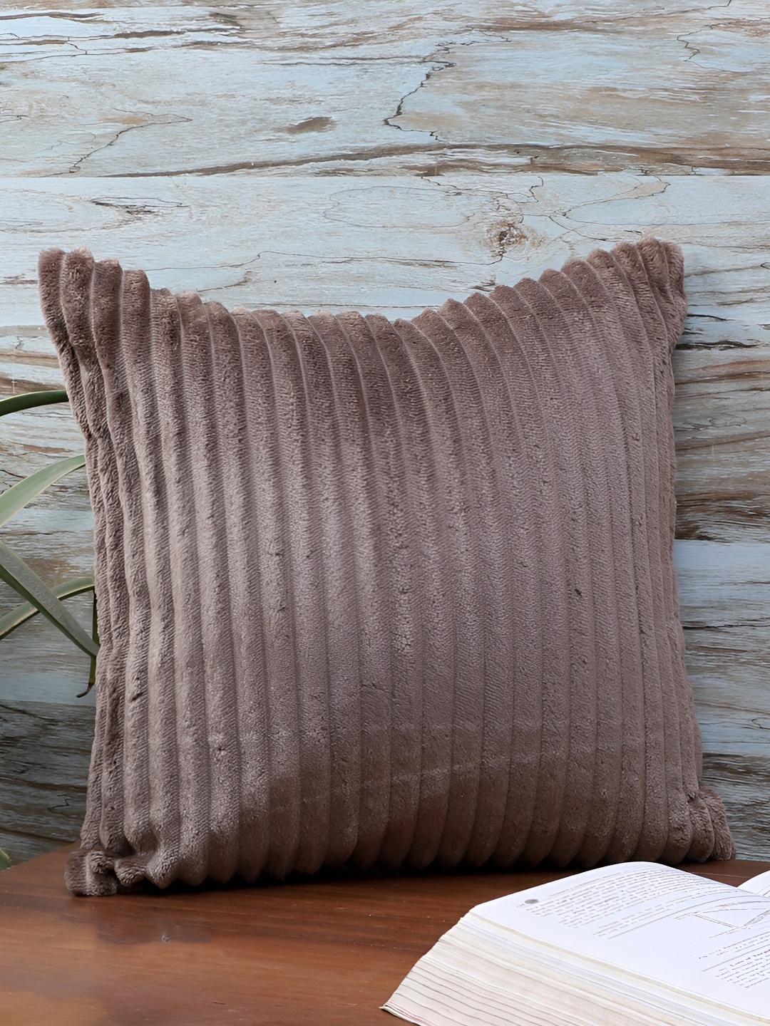 

MFD HOME FURNISHING Brown Striped Velvet Square Cushion Cover