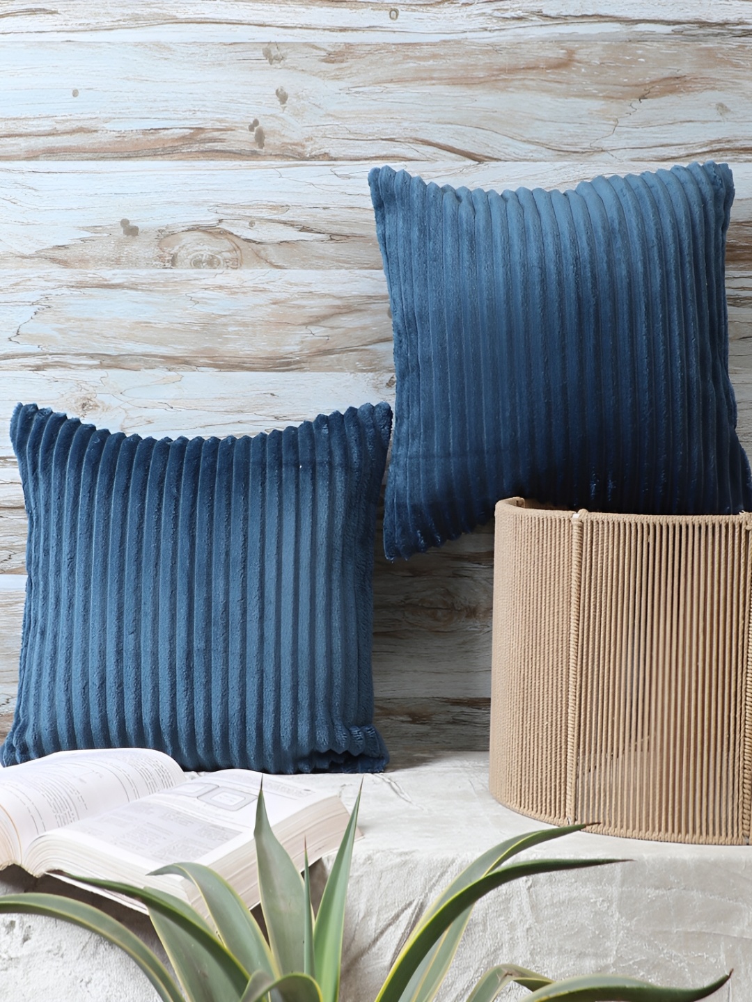 

MFD HOME FURNISHING Blue 2 Pieces Striped Velvet Square Cushion Covers