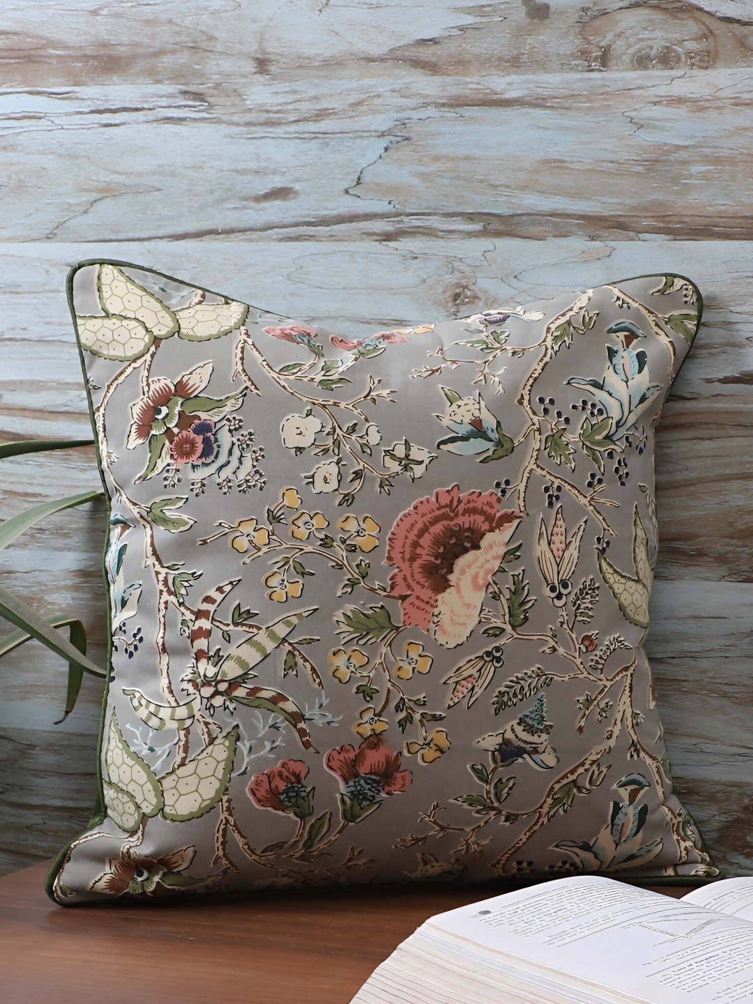 

MFD HOME FURNISHING Grey & Orange Floral Square Cushion Cover