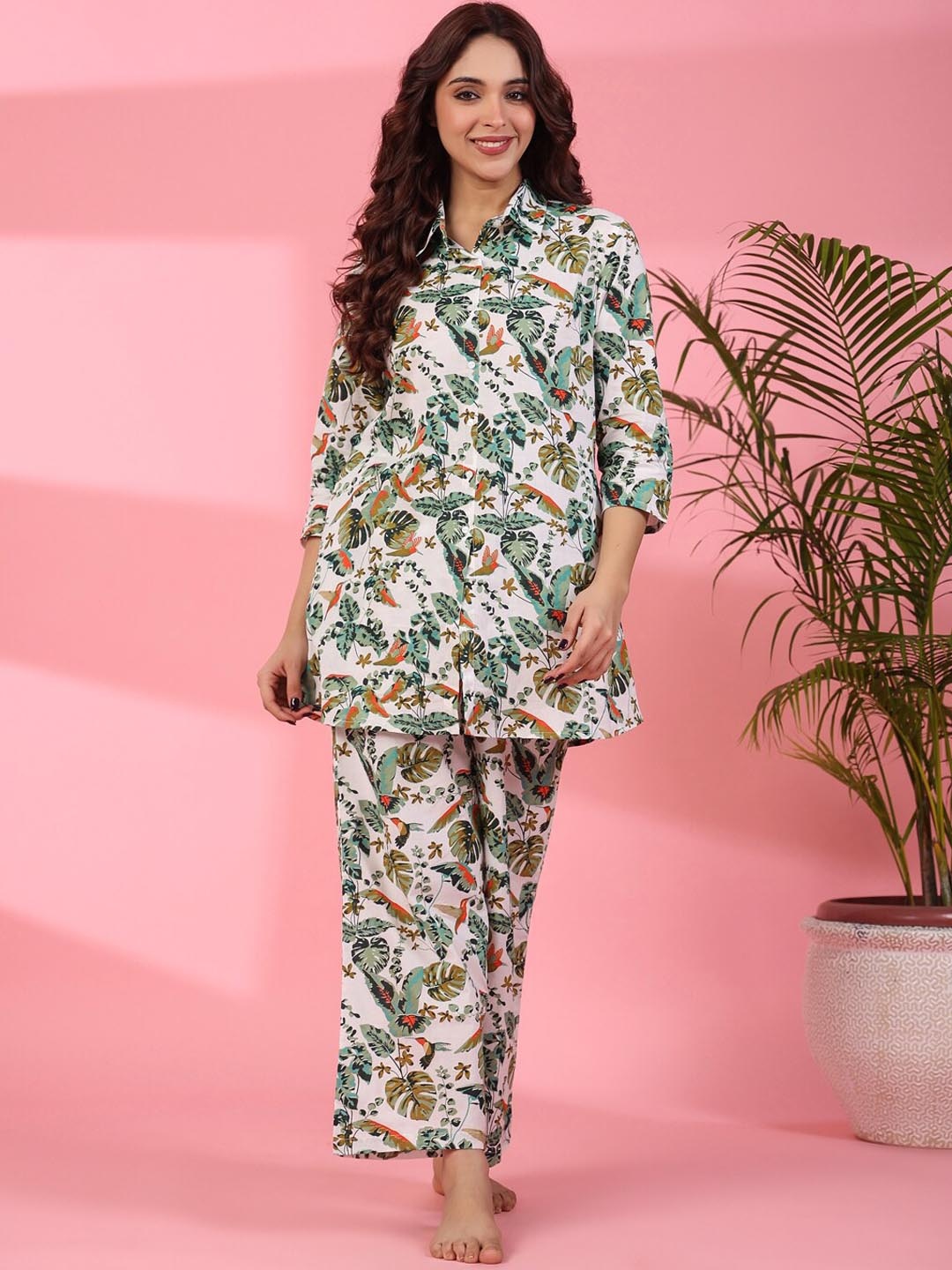 

SANSKRUTIHOMES Floral Printed Pure Cotton Night Suit, White