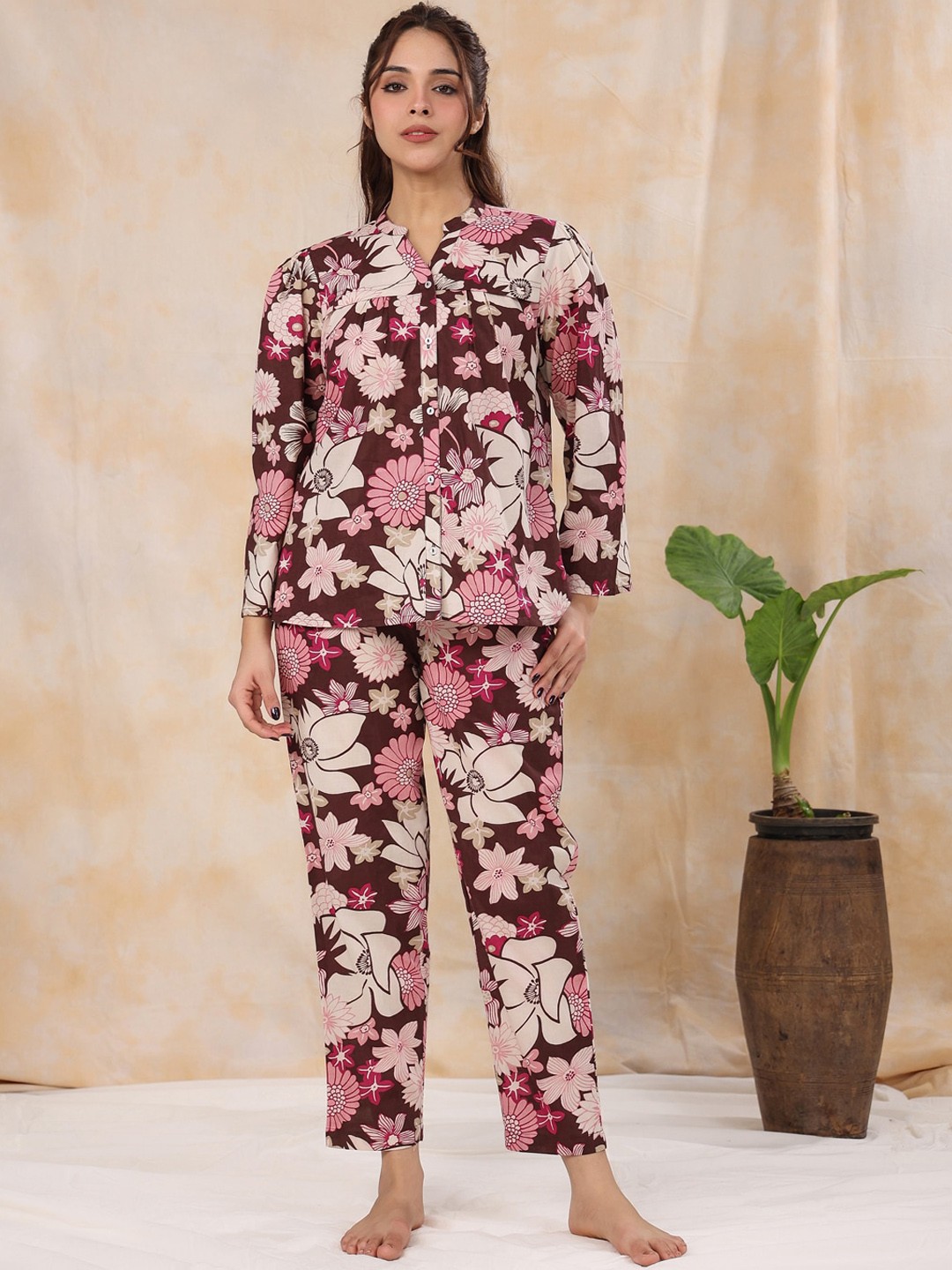 

SANSKRUTIHOMES Floral Printed Pure Cotton Night Suit, Burgundy