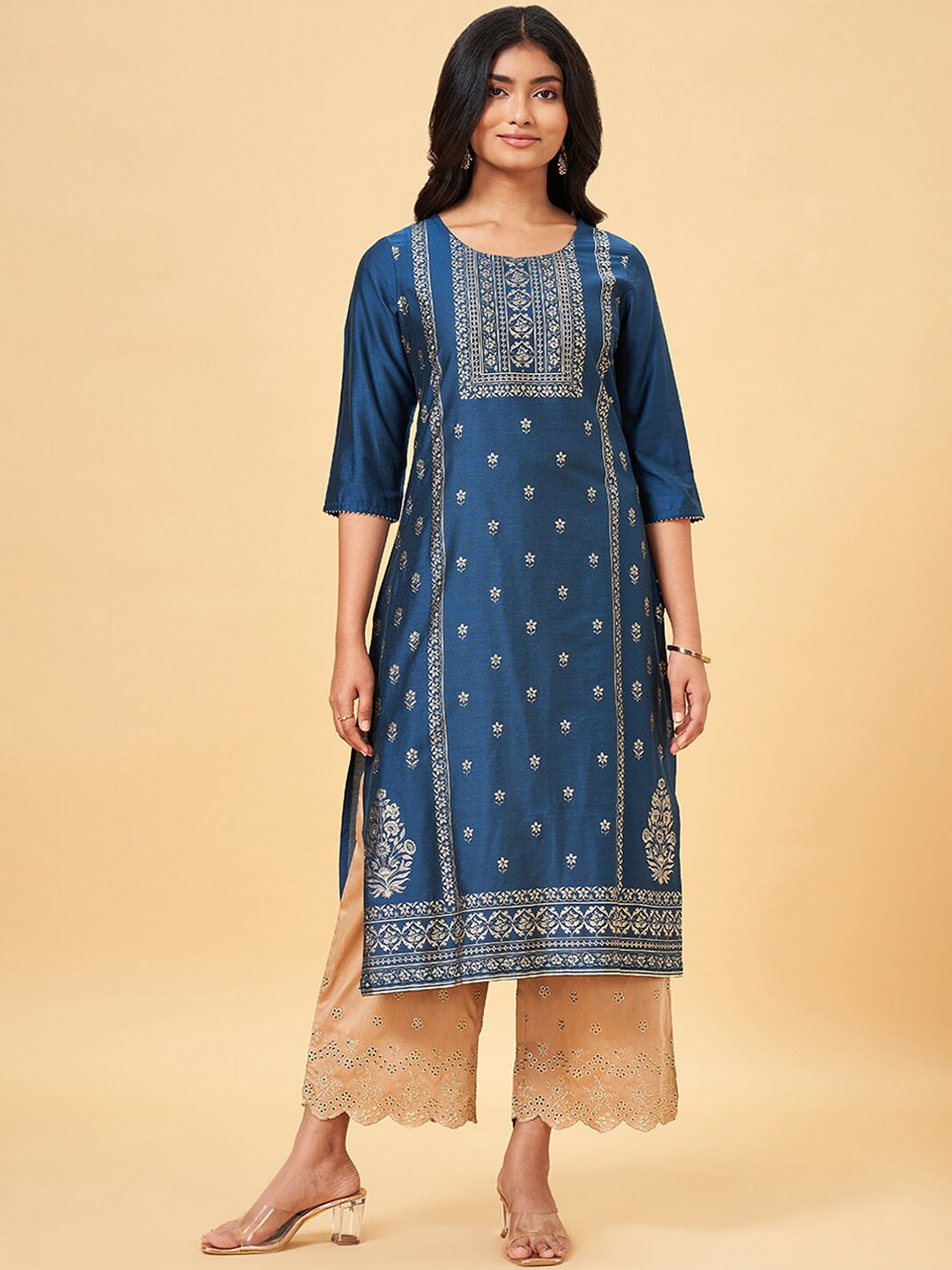 

RANGMANCH BY PANTALOONS Ethnic Motifs Printed Straight Kurta, Navy blue