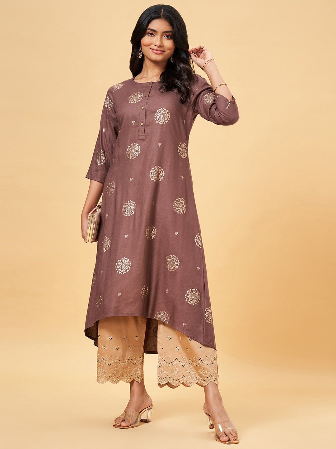 

RANGMANCH BY PANTALOONS Ethnic Motifs Printed A-Line Kurta, Khaki