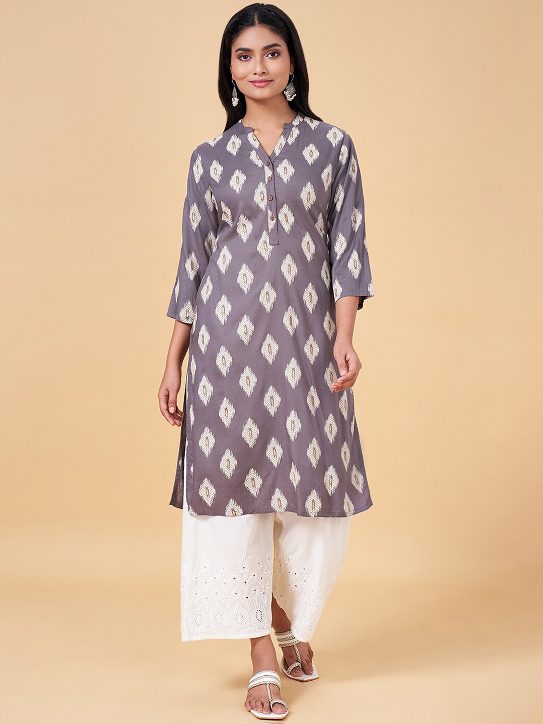 

RANGMANCH BY PANTALOONS Ethnic Motifs Printed Band Collar Kurta, Grey