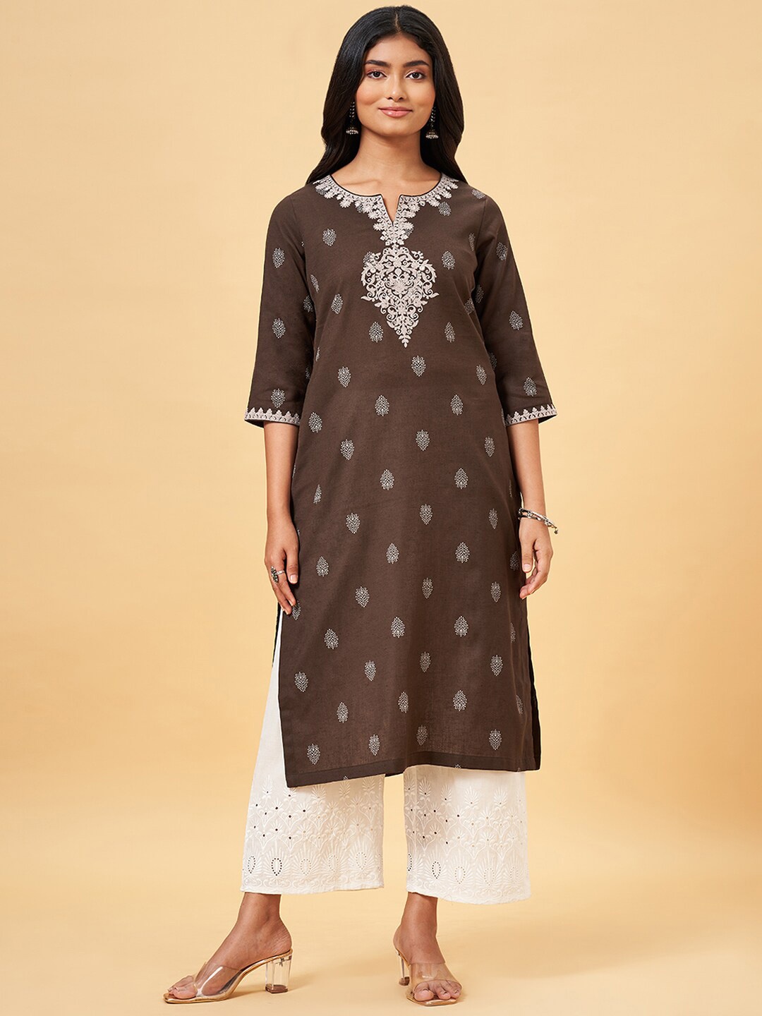 

RANGMANCH BY PANTALOONS Floral Embroidered Straight Kurta, Charcoal