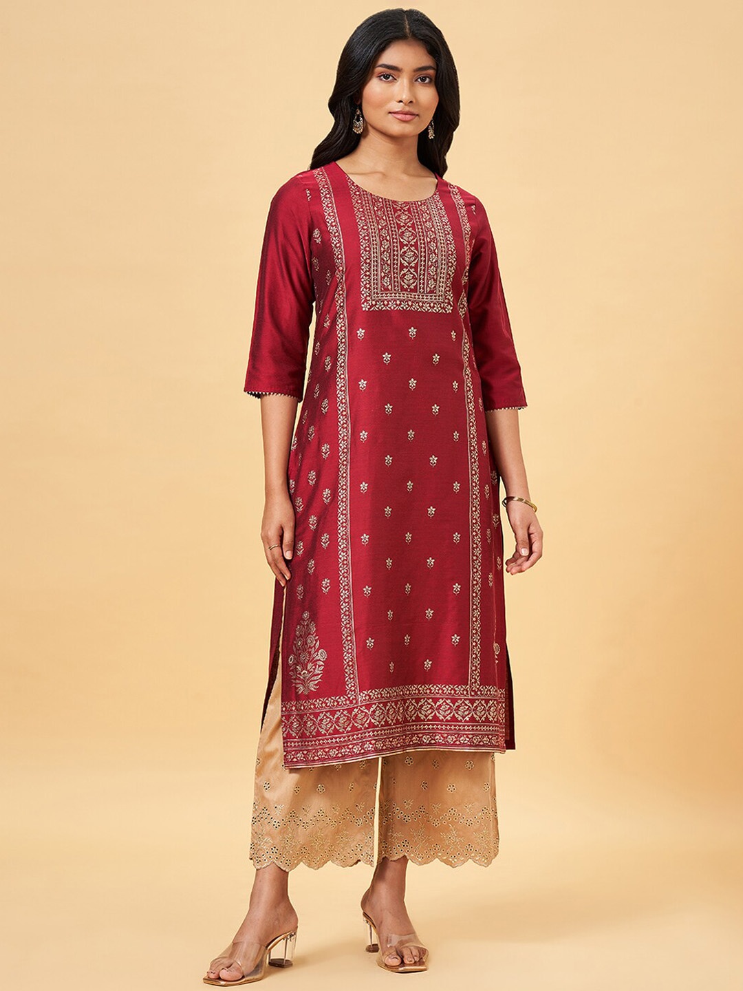 

RANGMANCH BY PANTALOONS Ethnic Motifs Woven Design Round Neck Straight Kurta, Red