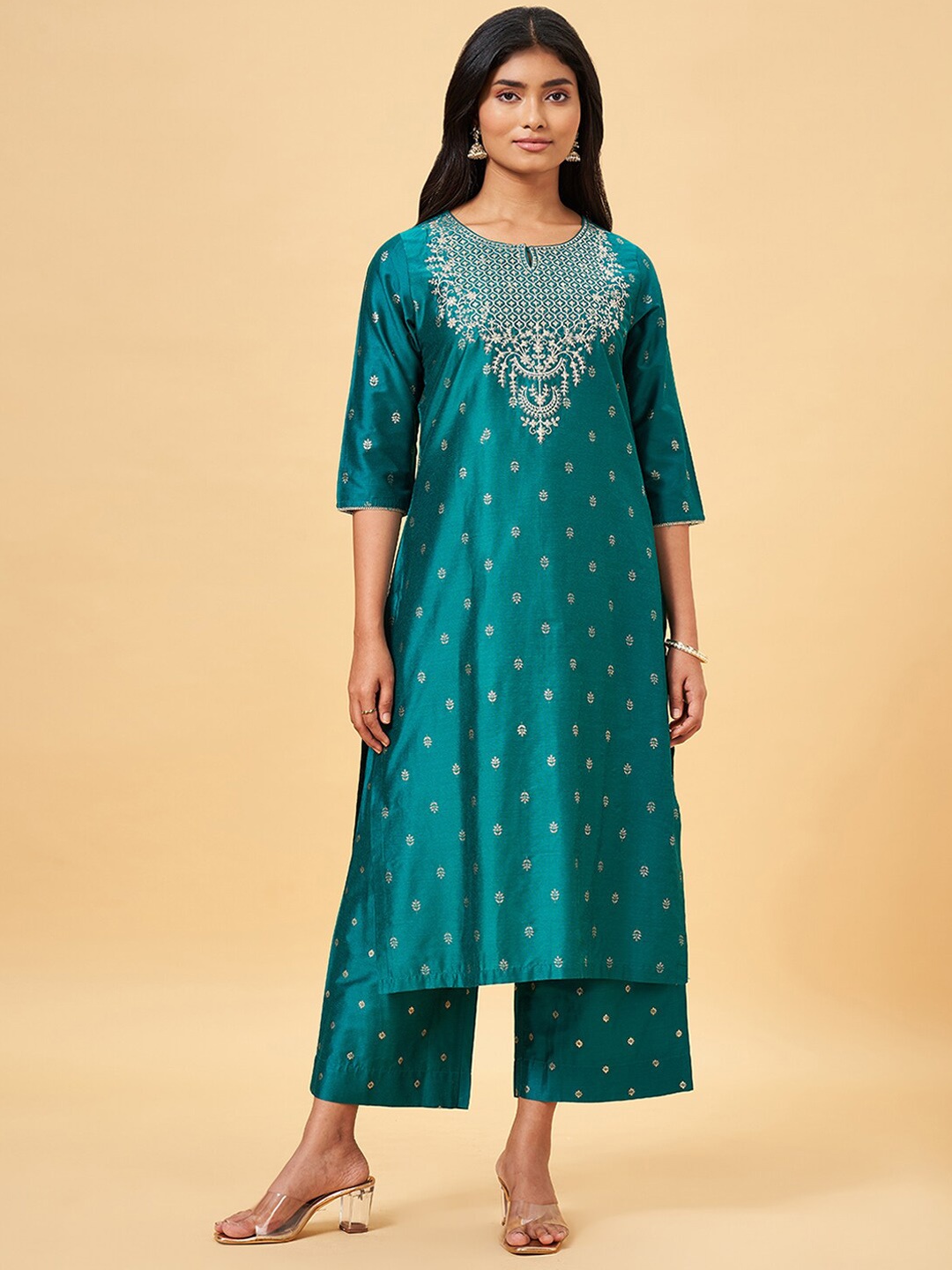 

RANGMANCH BY PANTALOONS Ethnic Motifs Embroidered Keyhole Neck Thread Work Kurta, Teal