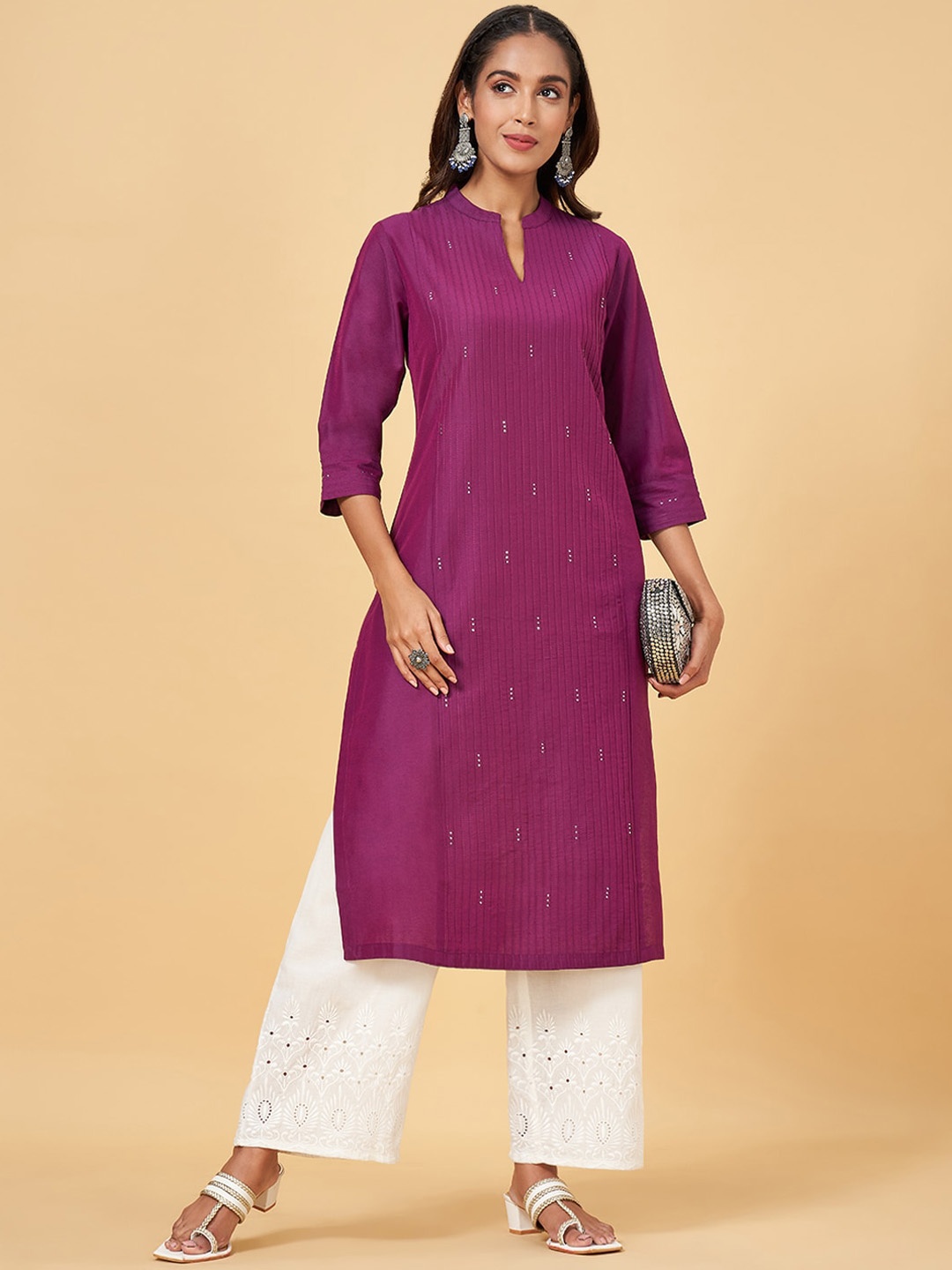 

RANGMANCH BY PANTALOONS Band Collar Straight Kurta, Pink