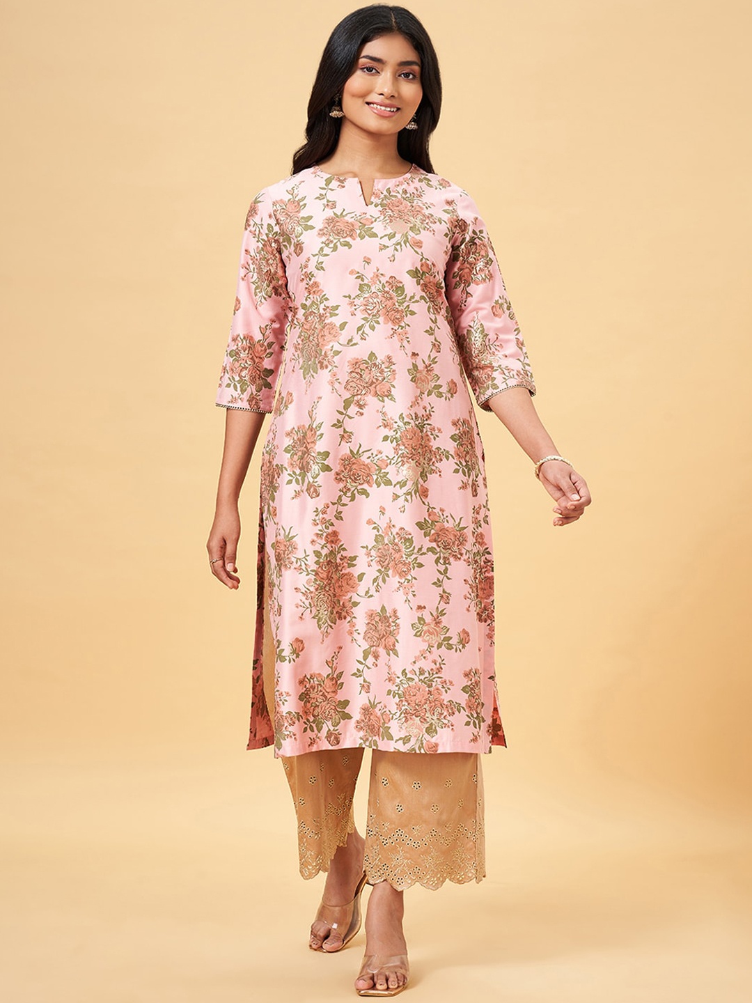 

RANGMANCH BY PANTALOONS Floral Printed Straight Kurta, Peach
