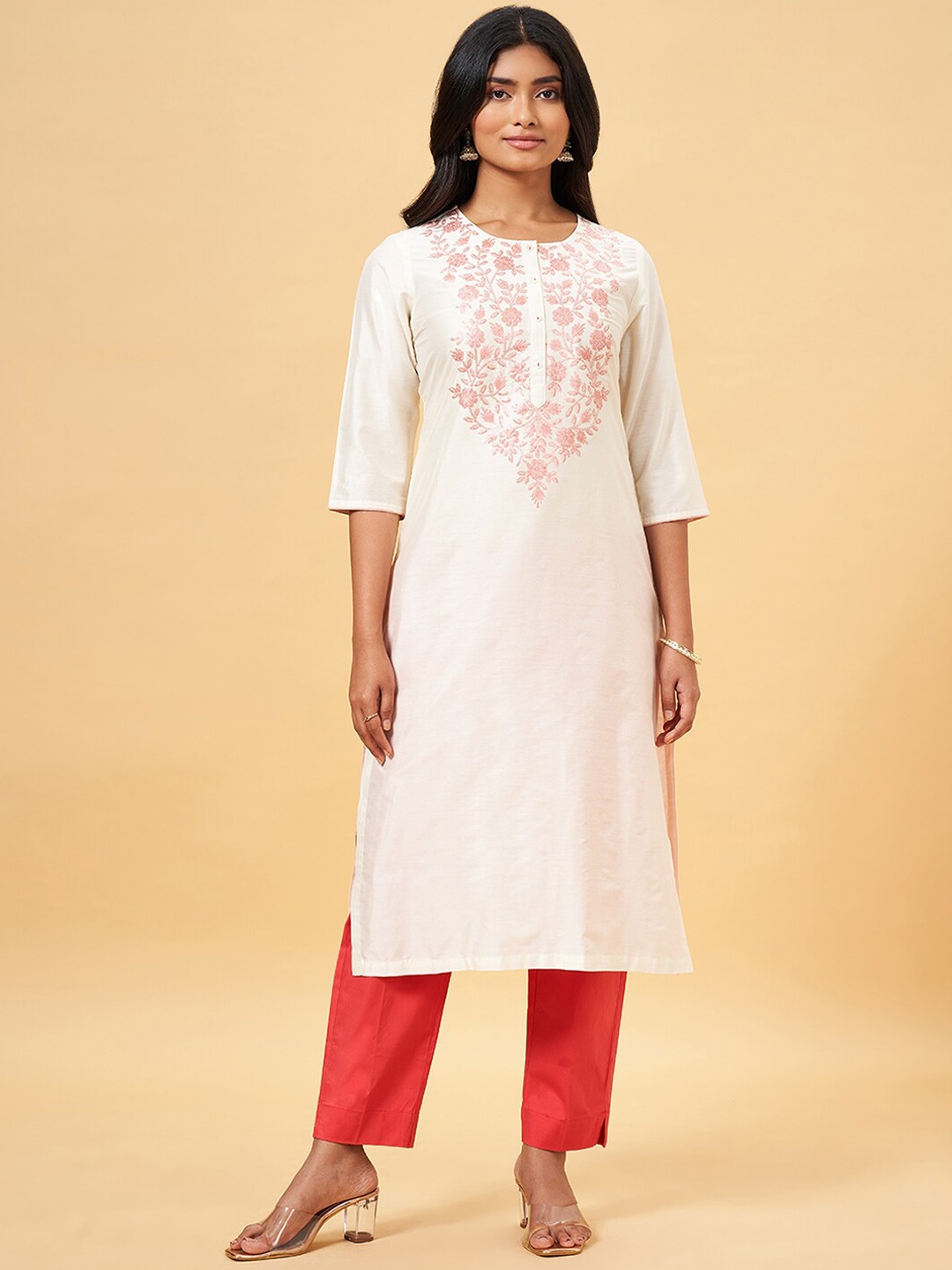 

RANGMANCH BY PANTALOONS Ethnic Motifs Embroidered Straight Kurta, Off white