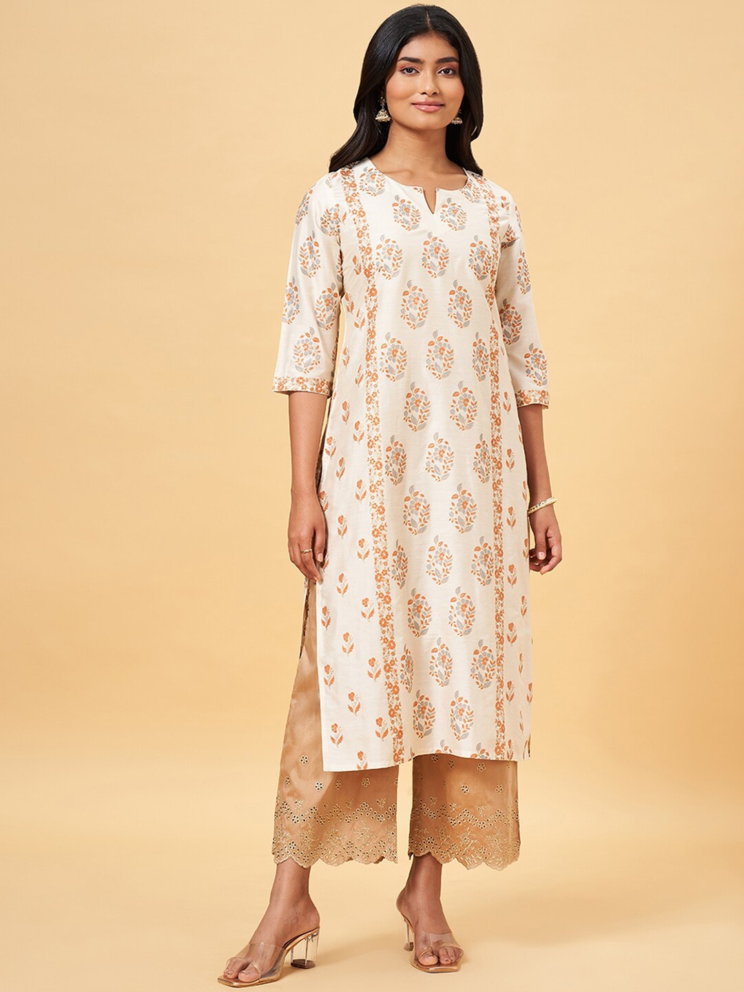 

RANGMANCH BY PANTALOONS Floral Printed Notched Neck Straight Kurta, Off white