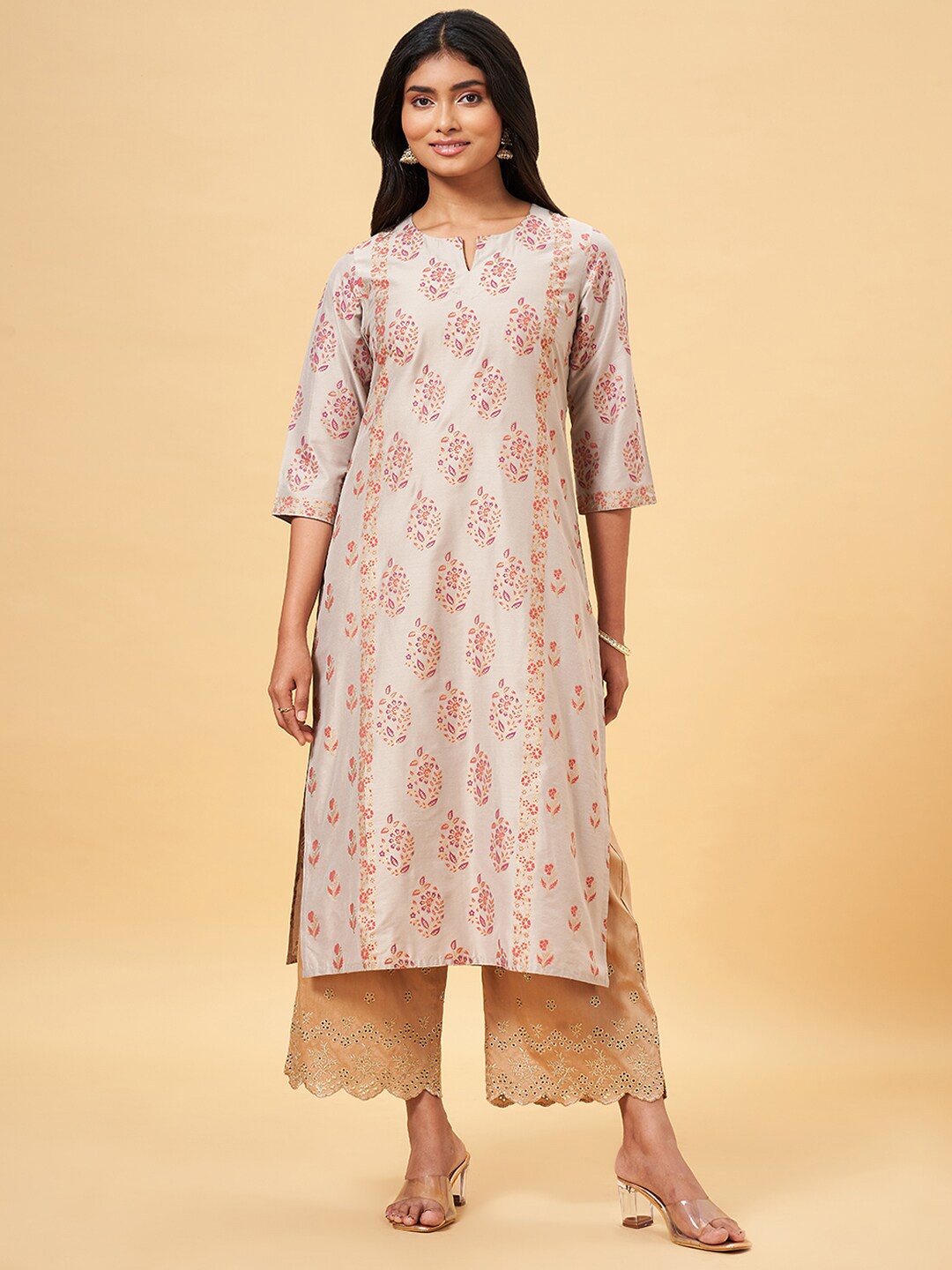 

RANGMANCH BY PANTALOONS Floral Printed Straight Kurta, Khaki
