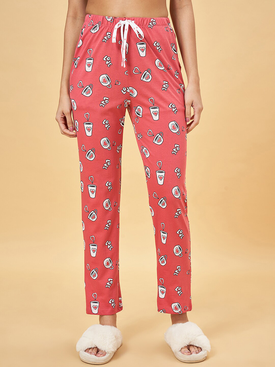 

Dreamz by Pantaloons Women Conversational Printed Pure Cotton Lounge Pants, Red