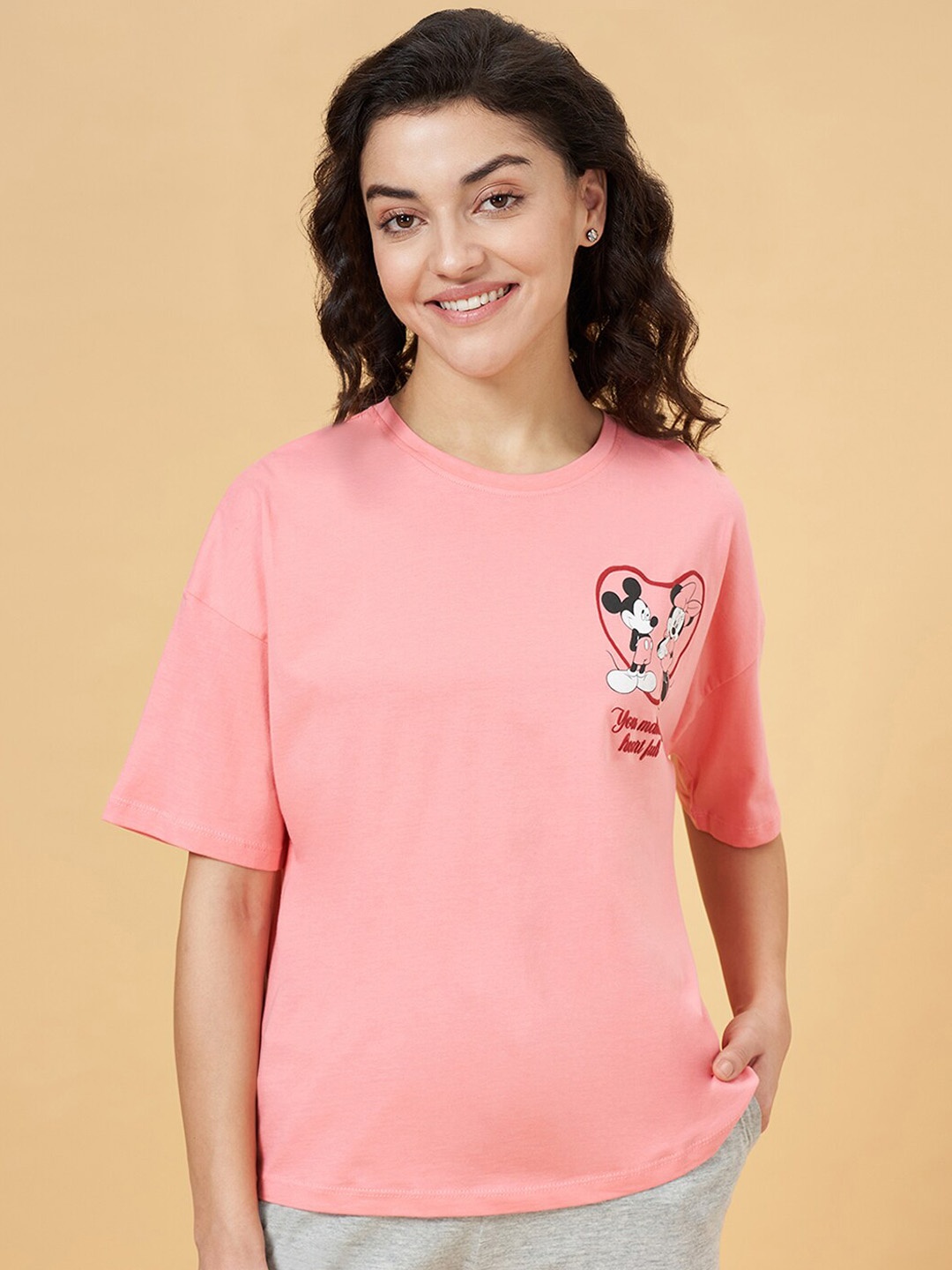 

Dreamz by Pantaloons Mickey & Minnie Mouse Printed Pure Cotton Lounge T-shirt, Pink