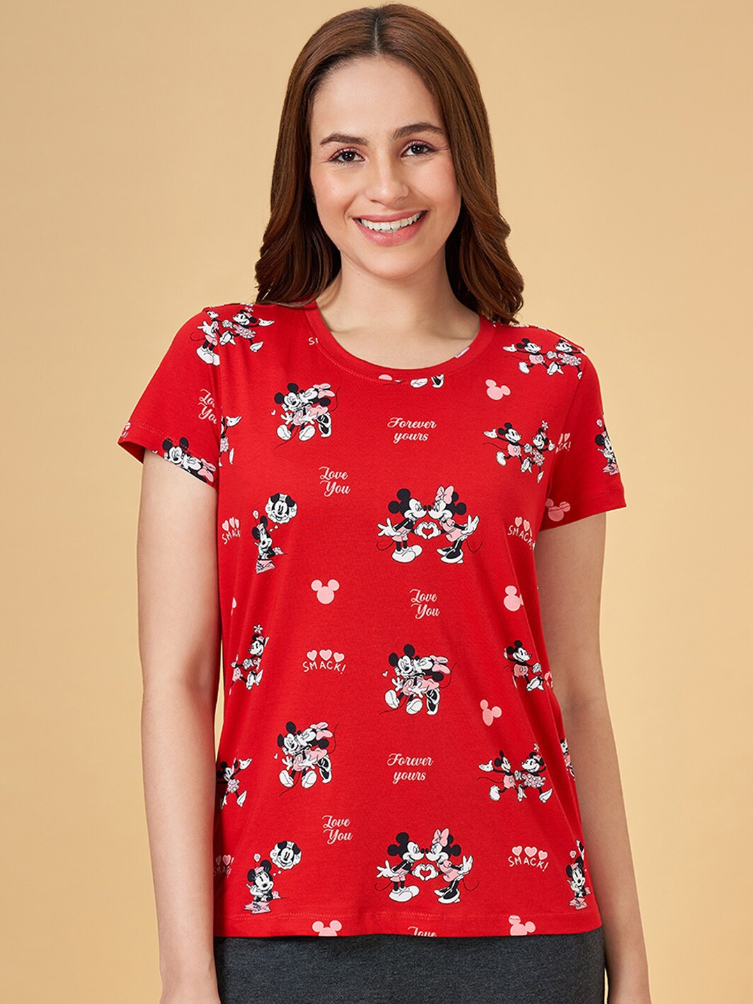 

Dreamz by Pantaloons Mickey Mouse Printed Pure Cotton Lounge Tshirts, Red