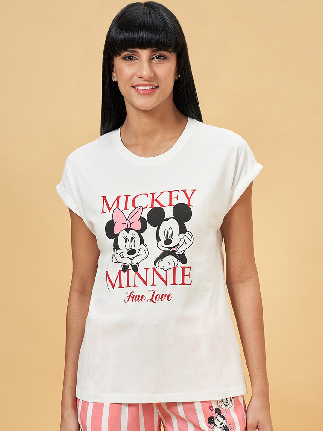 

Dreamz by Pantaloons Mickey & Minnie Mouse Printed Pure Cotton Lounge T-shirt, Off white