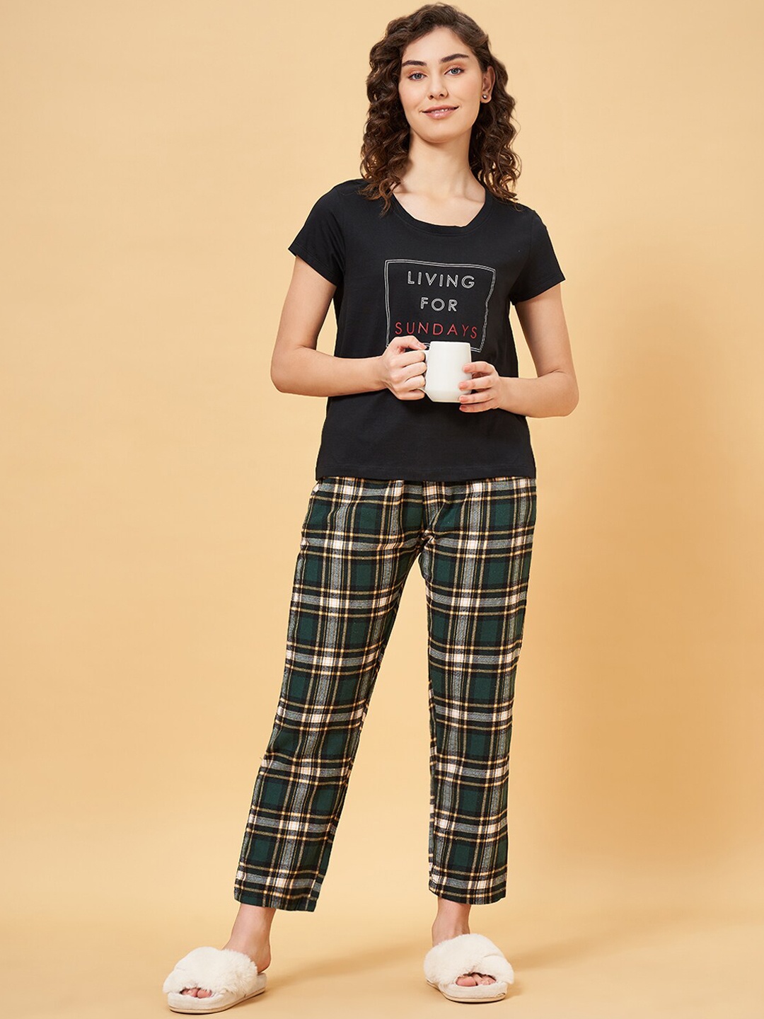 

YU by Pantaloons Typography Printed Pure Cotton Night suit, Black