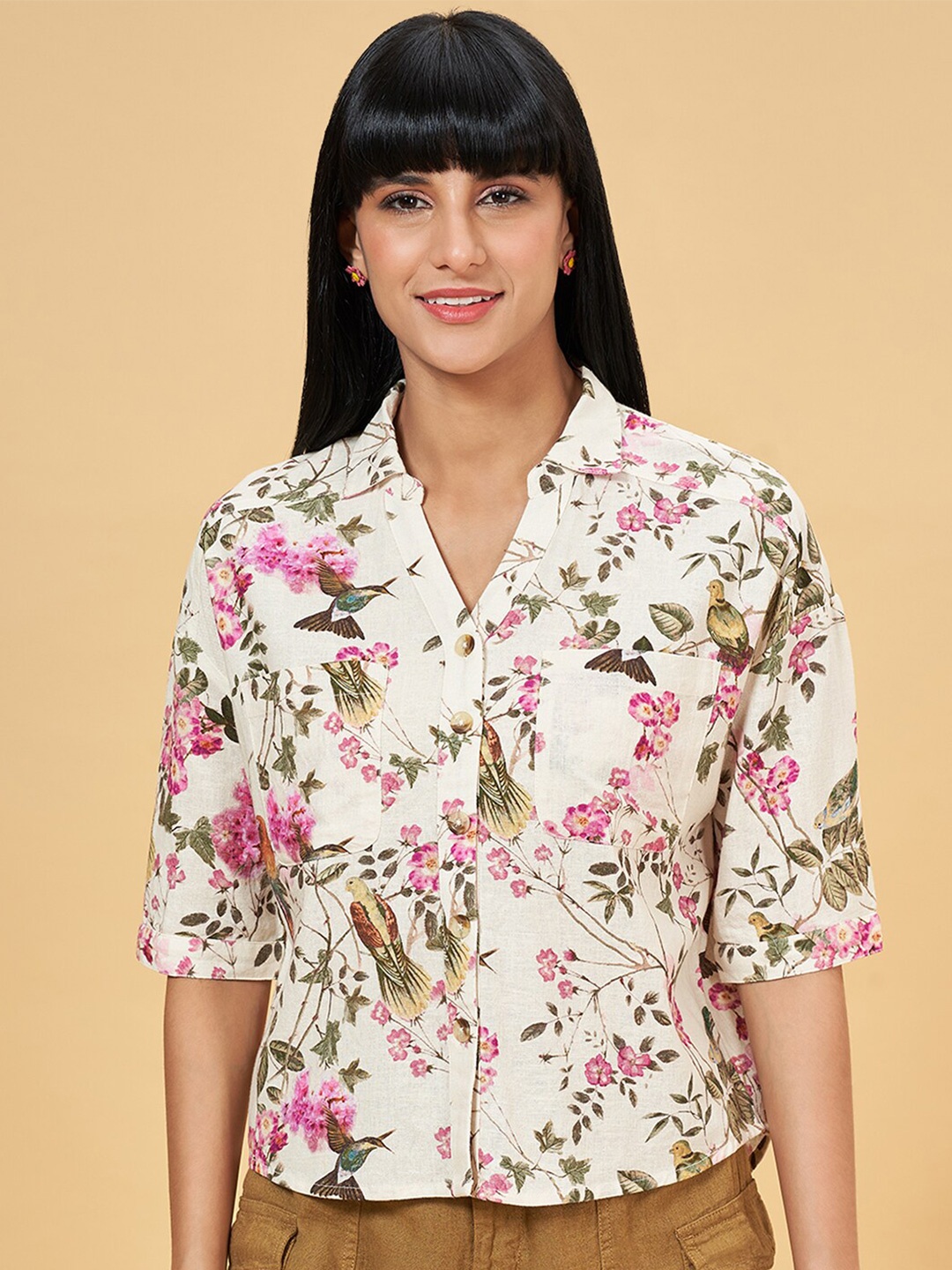 

Honey by Pantaloons Slim Fit Floral Printed Spread Collar Casual Shirt, Cream