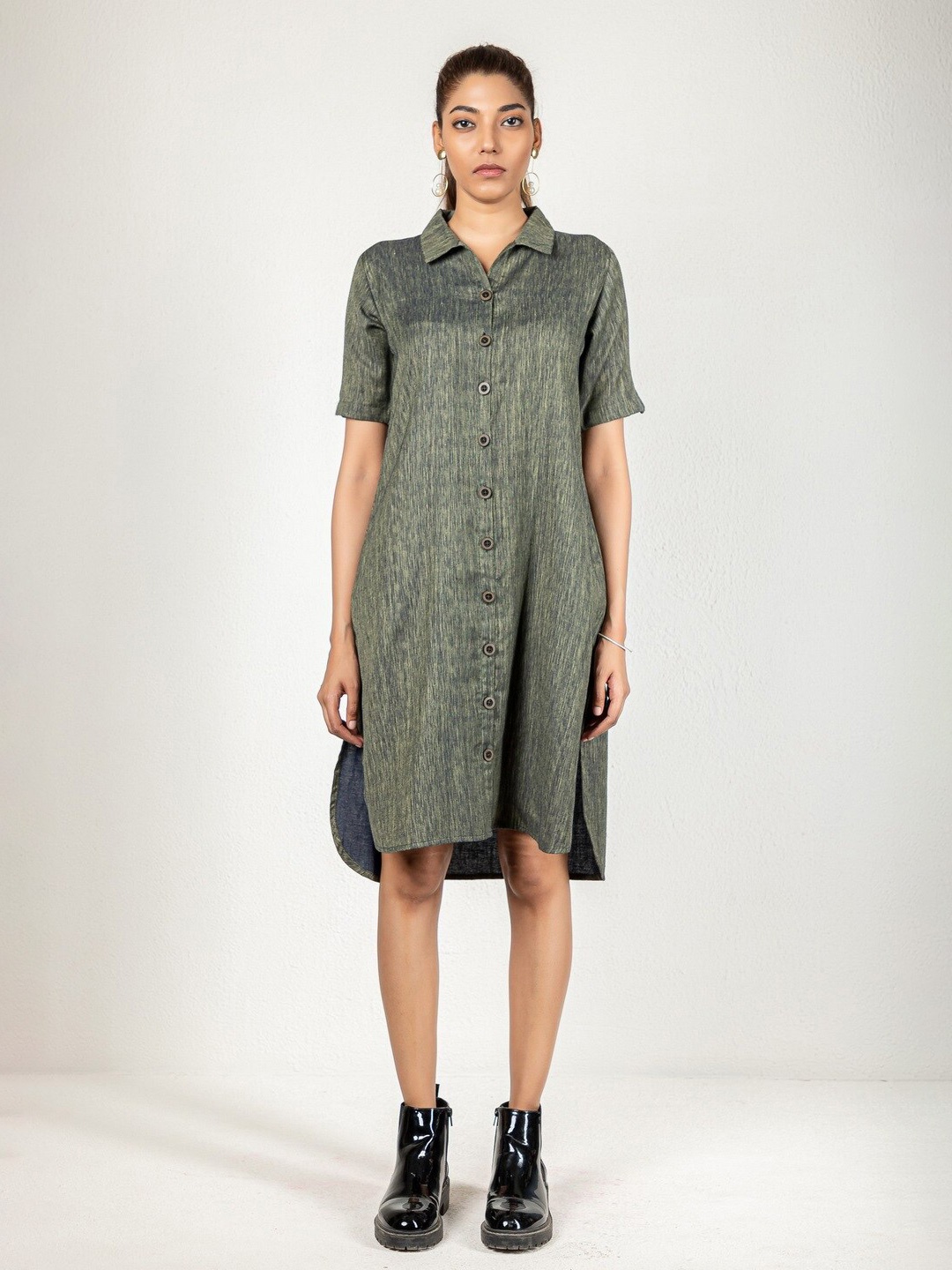 

INDIE JHOLA Shirt Collar A-Line Dress, Green