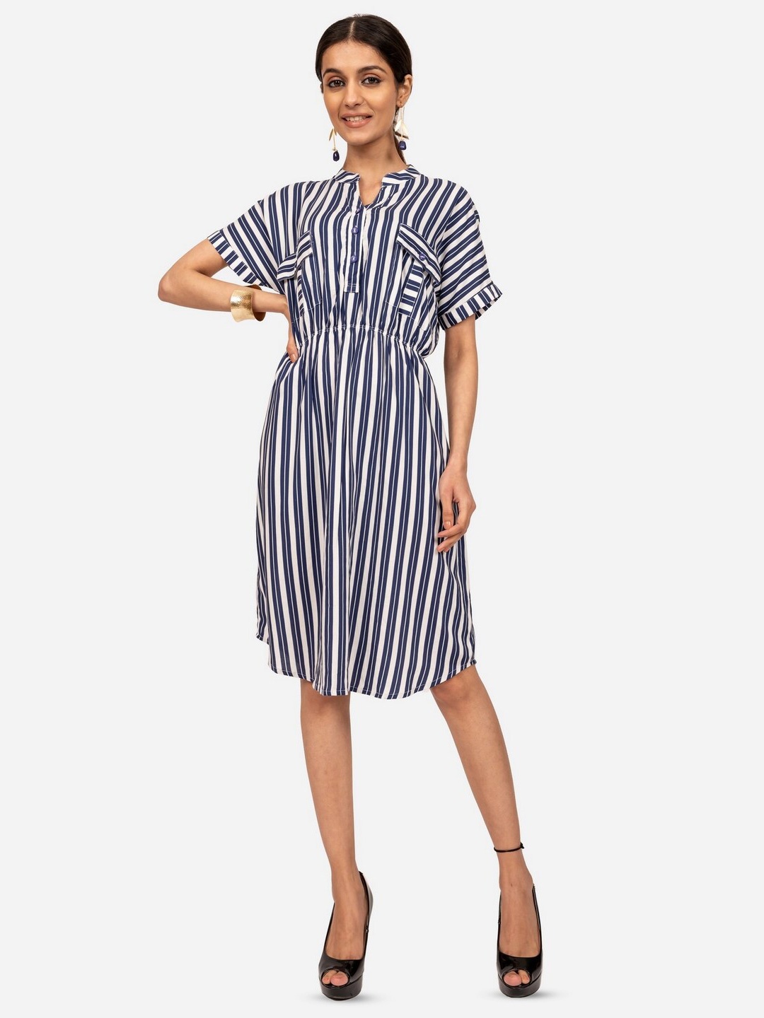 

INDIE JHOLA Striped Extended Sleeves Shirt Dress, Navy blue