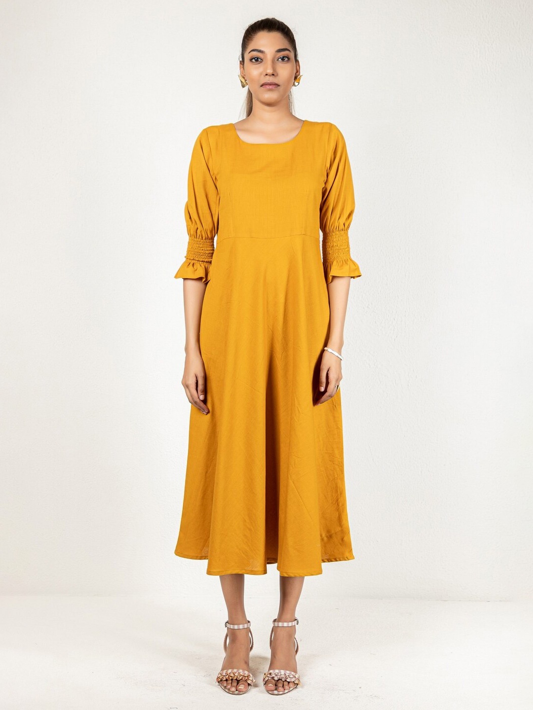 

INDIE JHOLA Bell Sleeves Pure Cotton A-Line Midi Dress, Mustard