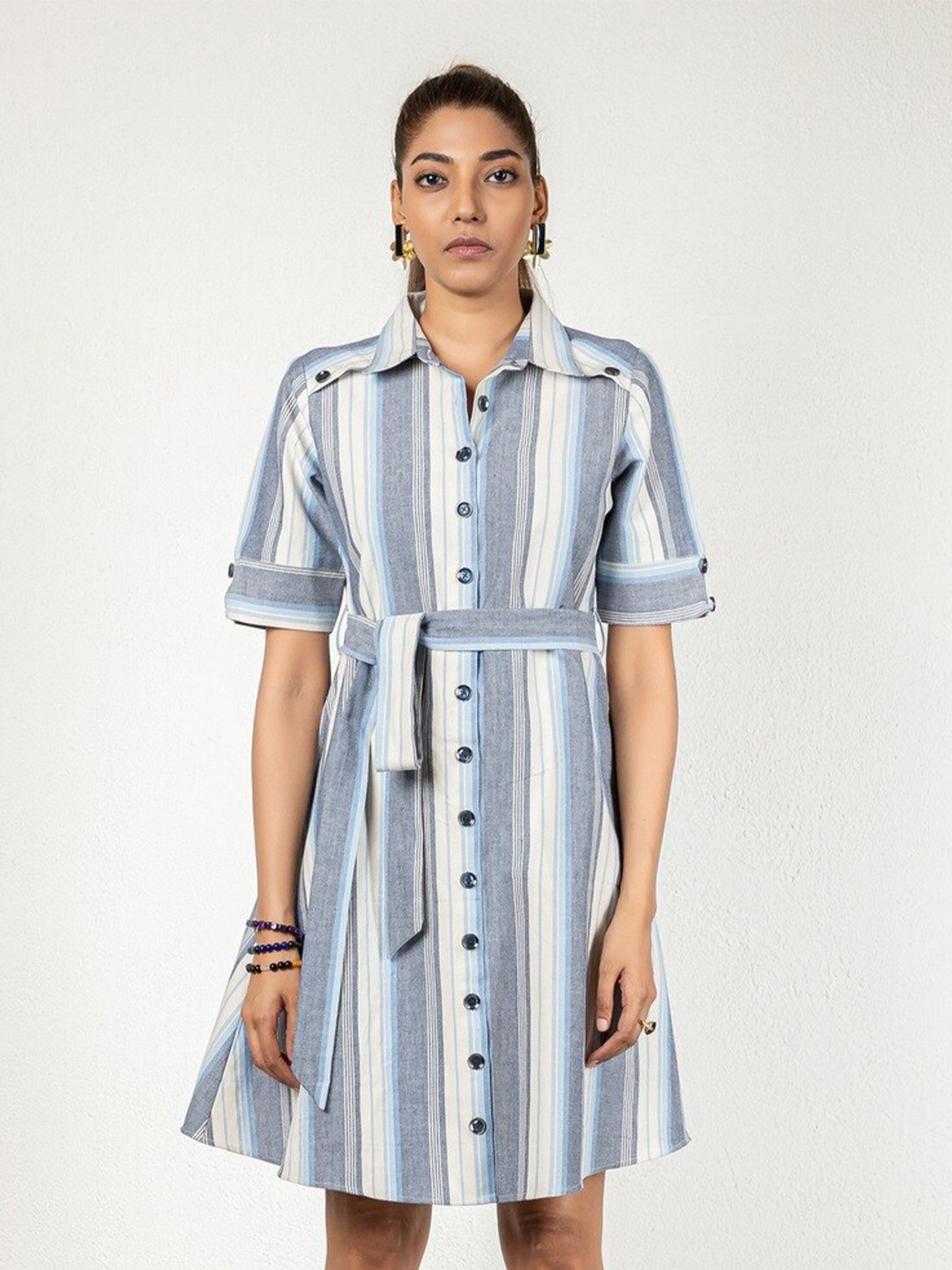 

INDIE JHOLA Striped Cotton Shirt Dress, Blue