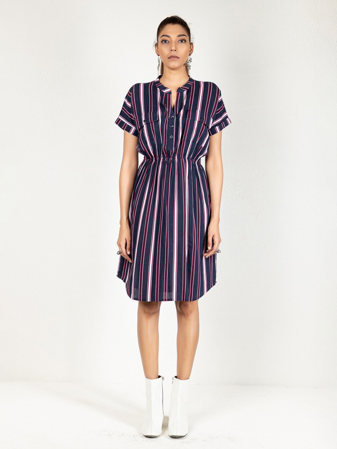 

INDIE JHOLA Striped Mandarin Collar Extended Sleeves Shirt Dress, Navy blue