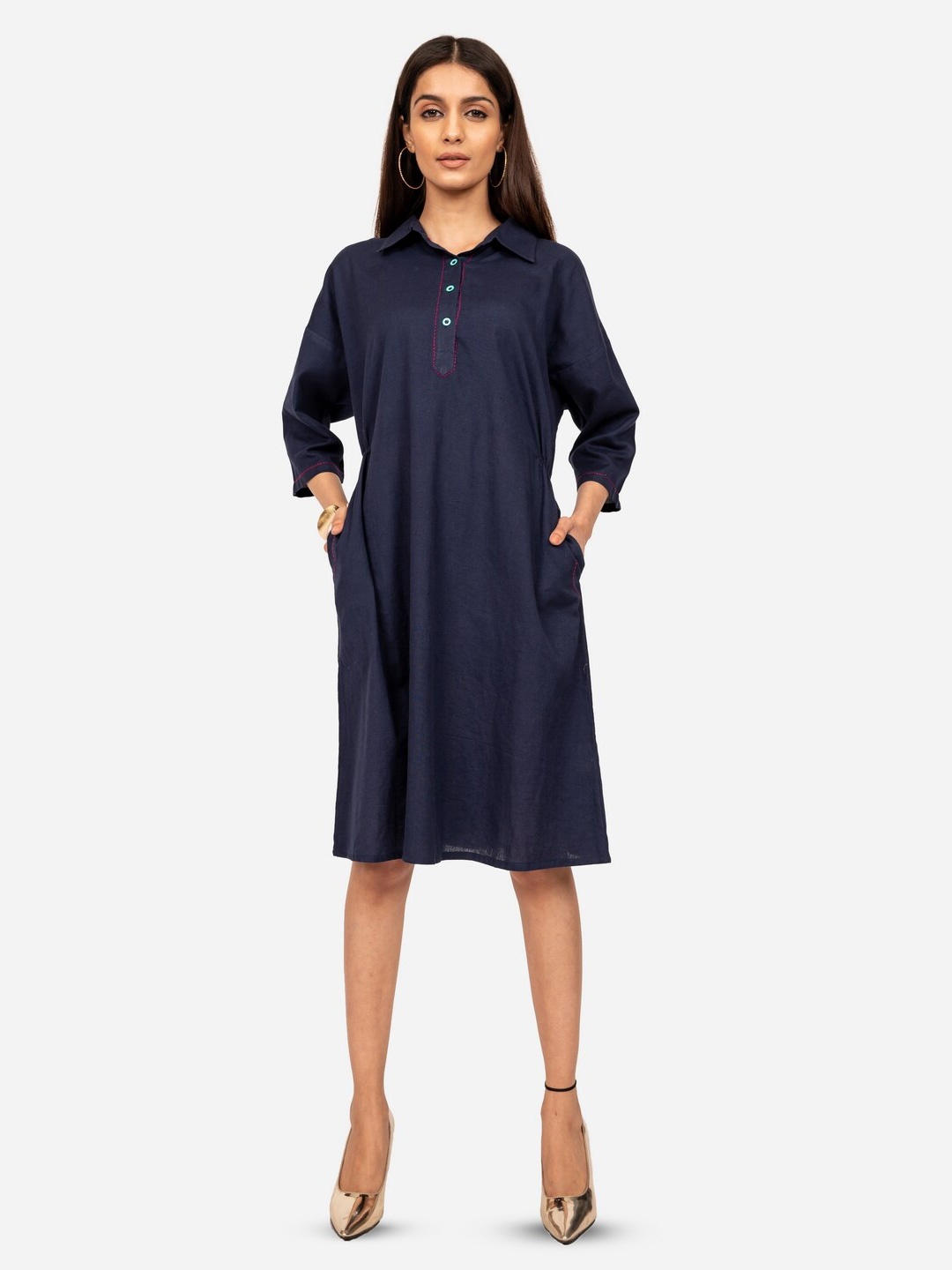 

INDIE JHOLA Box Fit Pure Cotton Shirt Dress, Navy blue