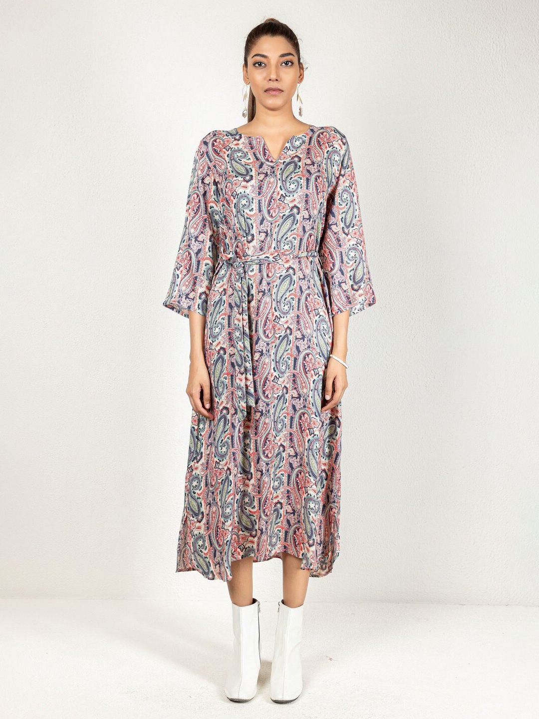 

INDIE JHOLA Floral Printed Mandarin Collar Fit & Flare Midi Dress, Navy blue