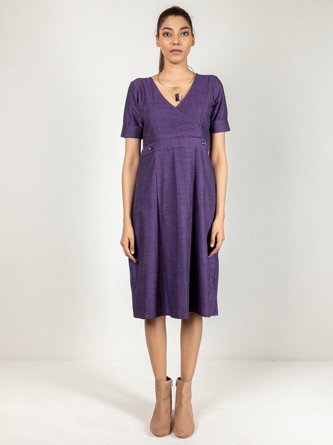 

INDIE JHOLA V-Neck Pure Cotton Fit & Flare Dress, Purple