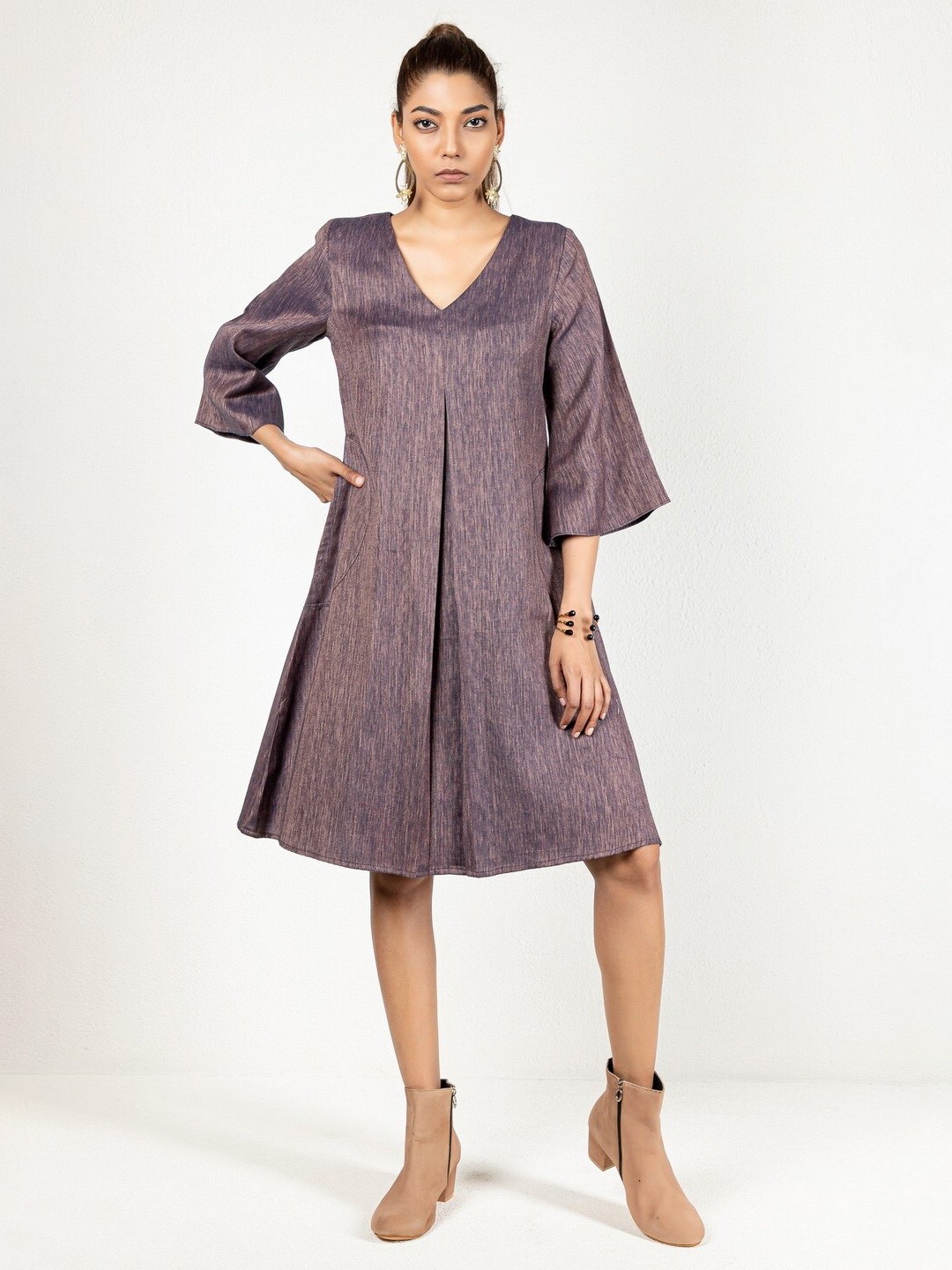 

INDIE JHOLA V-Neck Flared Sleeves Pure Cotton A-Line Dress, Navy blue