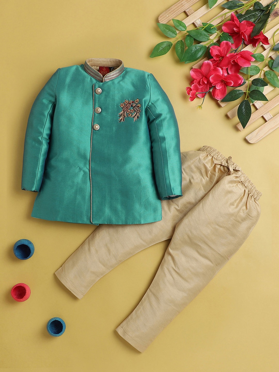

BAESD Boys Straight Silk Cotton Kurta with Pyjamas, Green