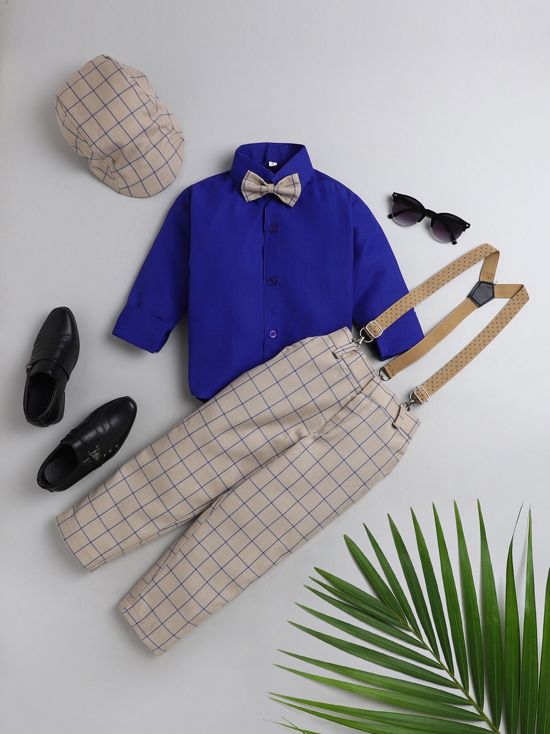 

BAESD Boys Shirt with Checked Trousers & Suspenders, Beige