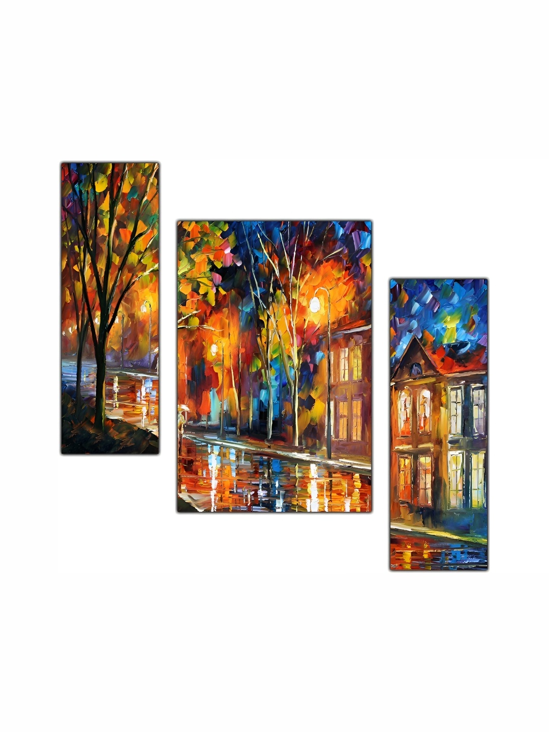 PnF Blue & Orange 3 Piece Wooden Floral and Botanical Wall Paintings