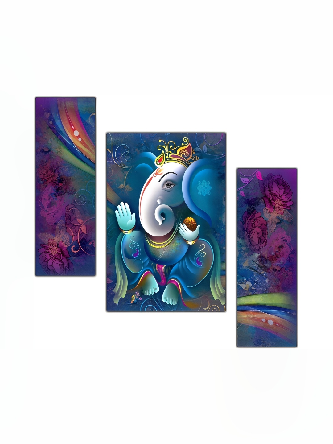

PnF Blue & White 3 Pieces Lord Ganesha Religious Wooden Painting Wall Arts