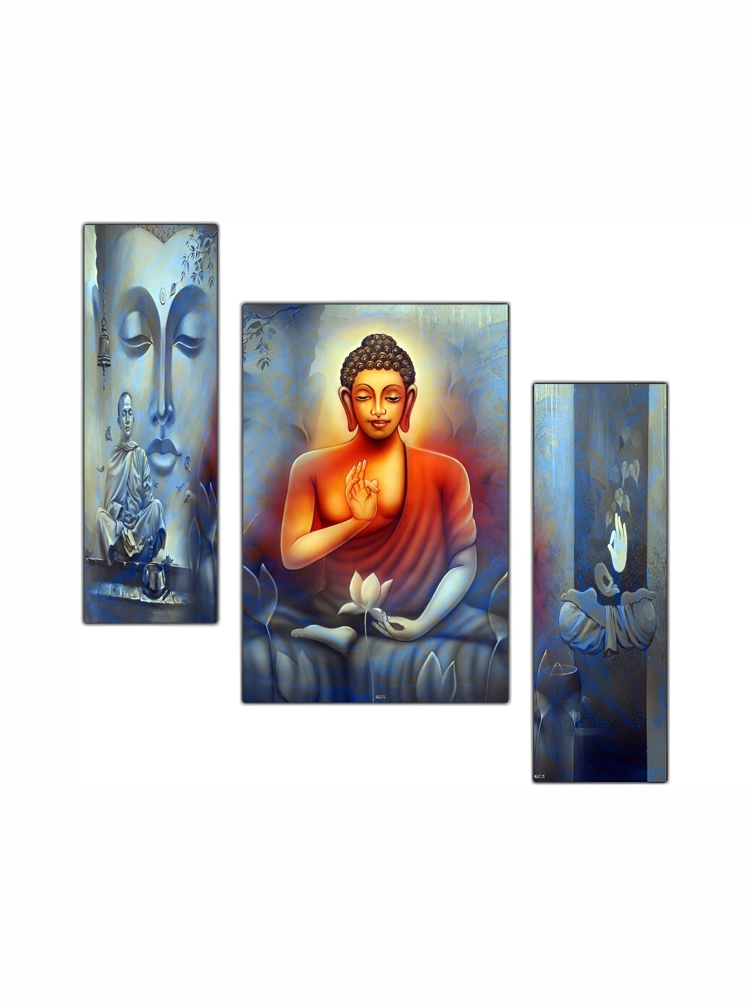 PnF Blue & Rust 3Pcs Wooden Religious Wall Paintings