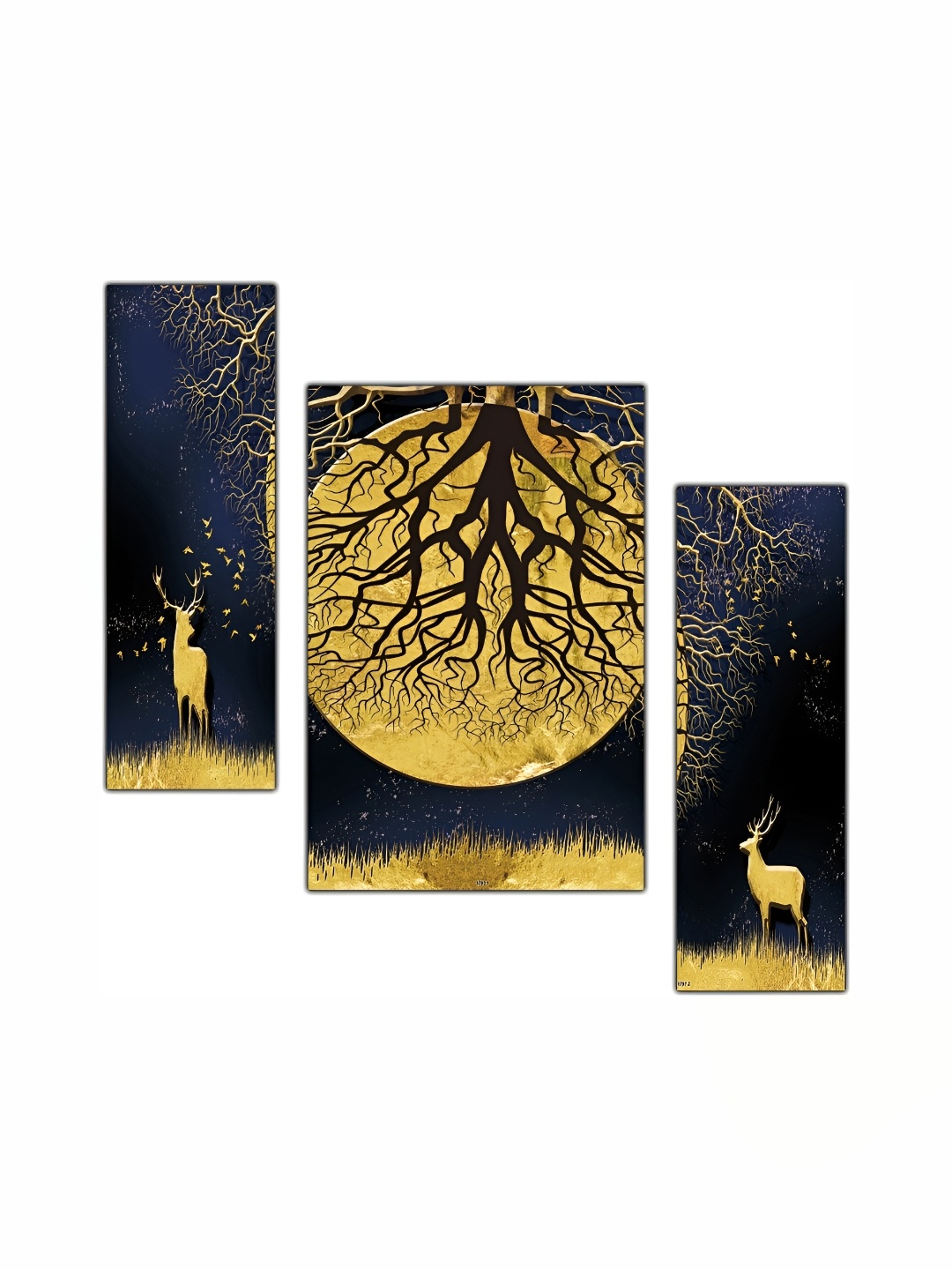 

PnF Navy Blue & Gold-Toned 3 Pieces Wooden Birds and Animals Painting Wall Arts