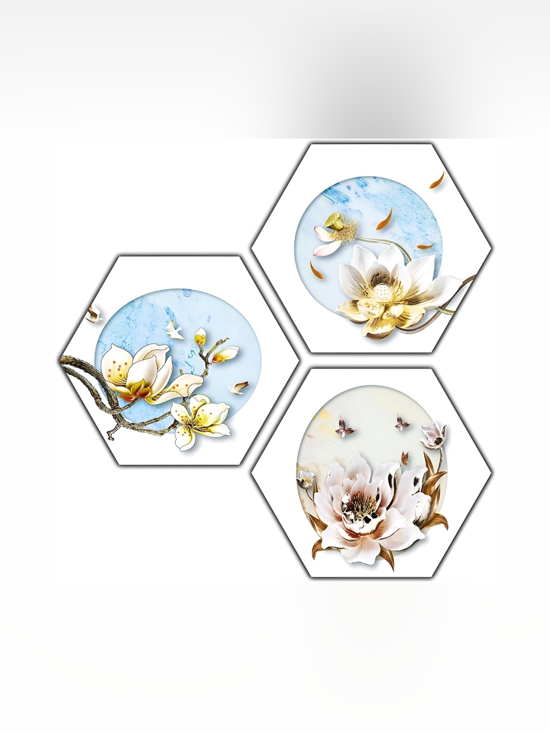 

PnF White & Blue 3Pcs Wooden Floral And Botanical Wall Paintings