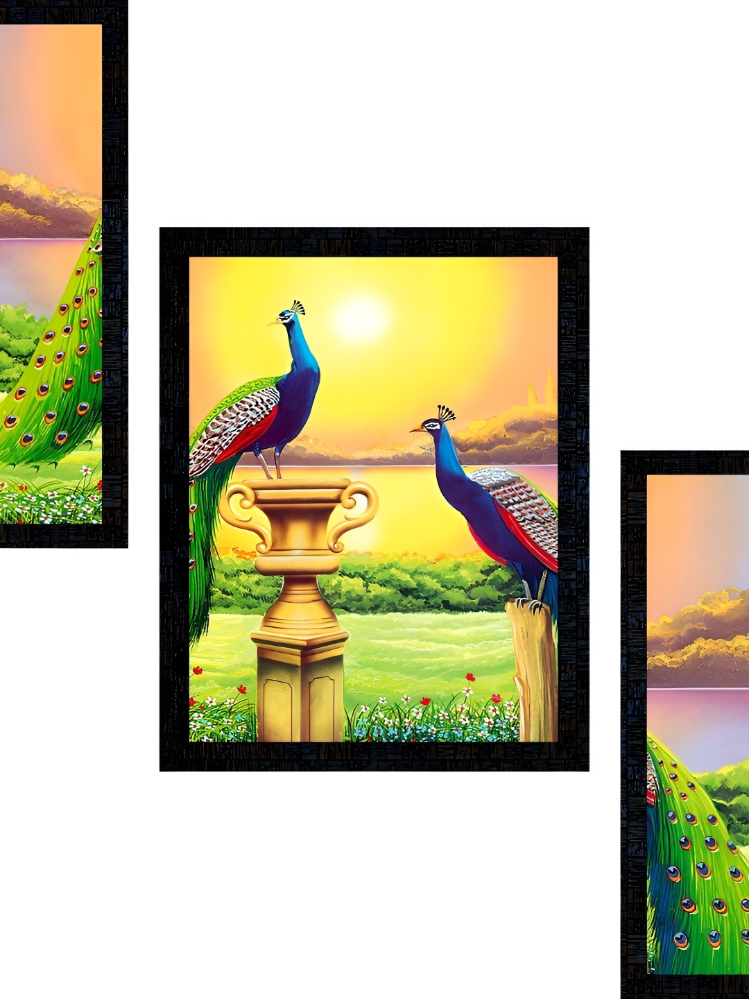 

PnF Yellow & Green 3 Pieces Peacock Wooden Painting Wall Arts