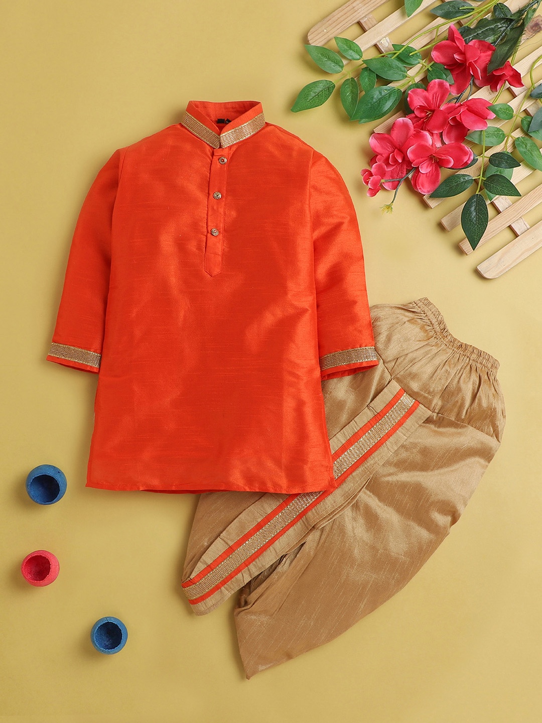 

BAESD Boys Mandarin Collar Silk Cotton Kurta with Dhoti Pants, Orange