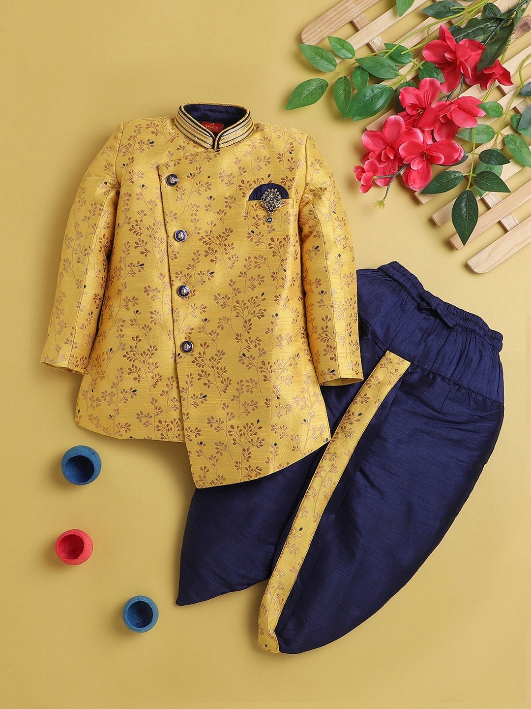 

BAESD Boys Floral Printed Regular Kurta with Dhoti Pants, Yellow