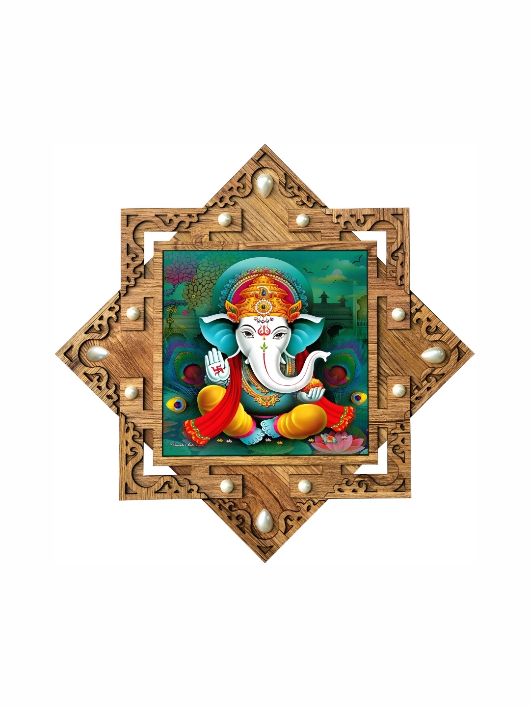 

PnF Brown & Green Lord Ganesha Religious Wooden Painting Wall Art