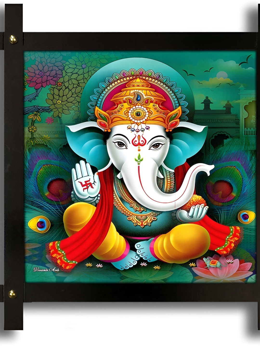 

PnF Brown & Green Lord Ganesha Religious Wooden Painting Wall Art