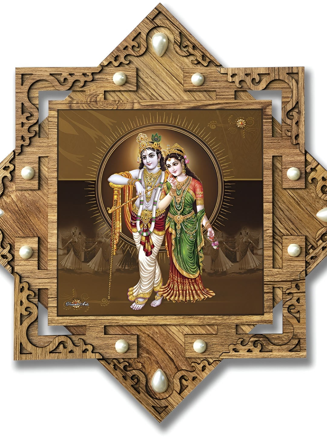 

PnF Brown & Green Radha Krishna Religious Wooden Painting Wall Art