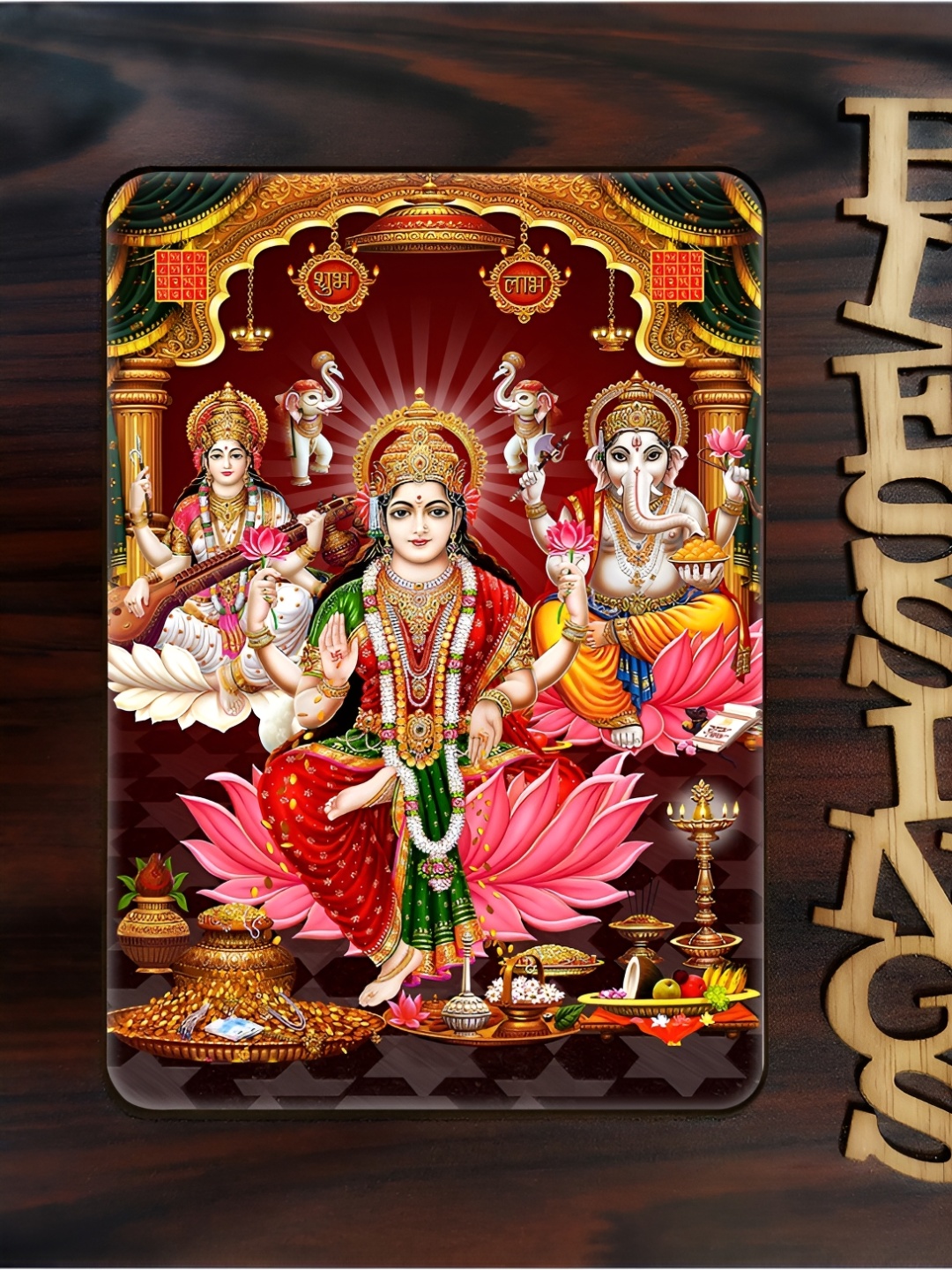 

PnF Black & Red Laxmi Ganesha Saraswathi Religious Wooden Painting Wall Art