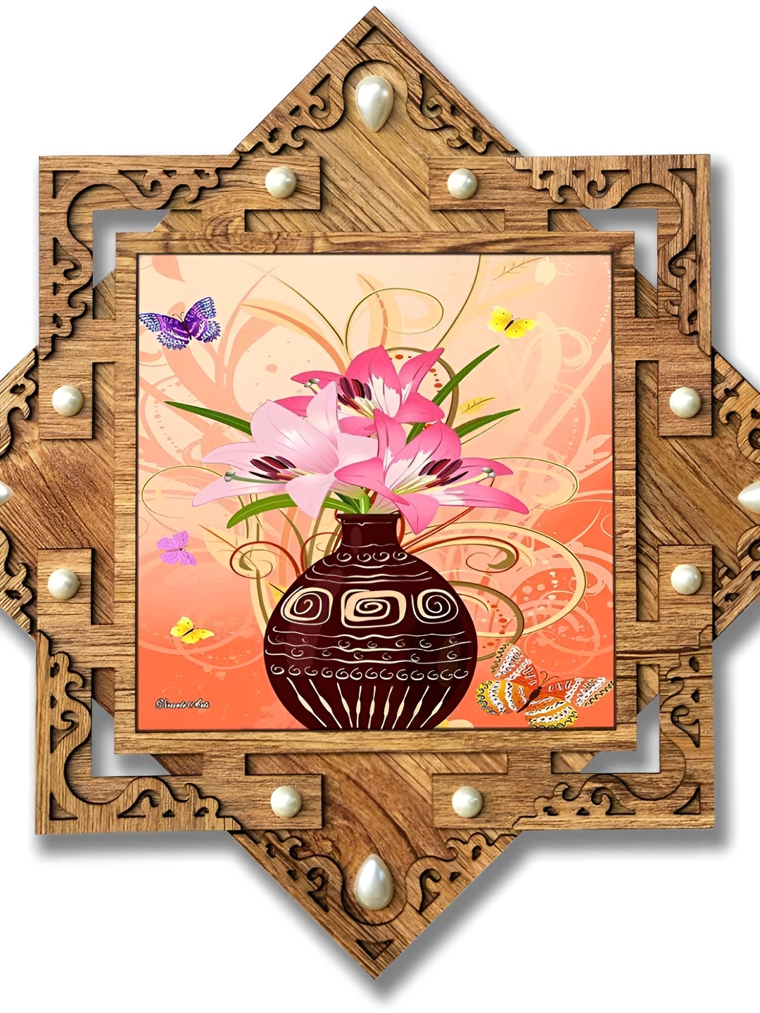 

PnF Brown Pink Floral Wooden Wall Paintings, Beige
