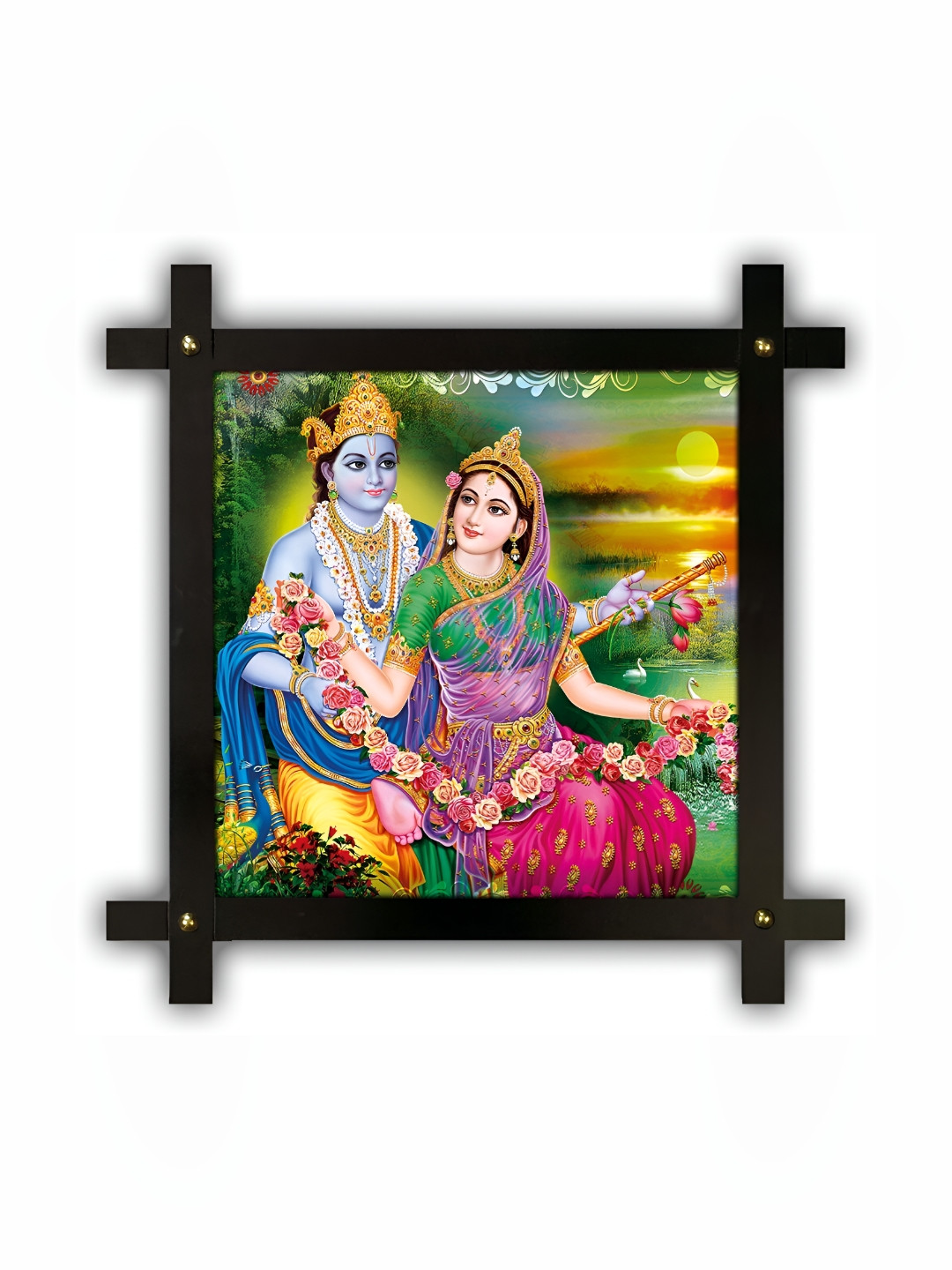 

PnF Green & Pink Radha Krishna Religious Wooden Painting Wall Art